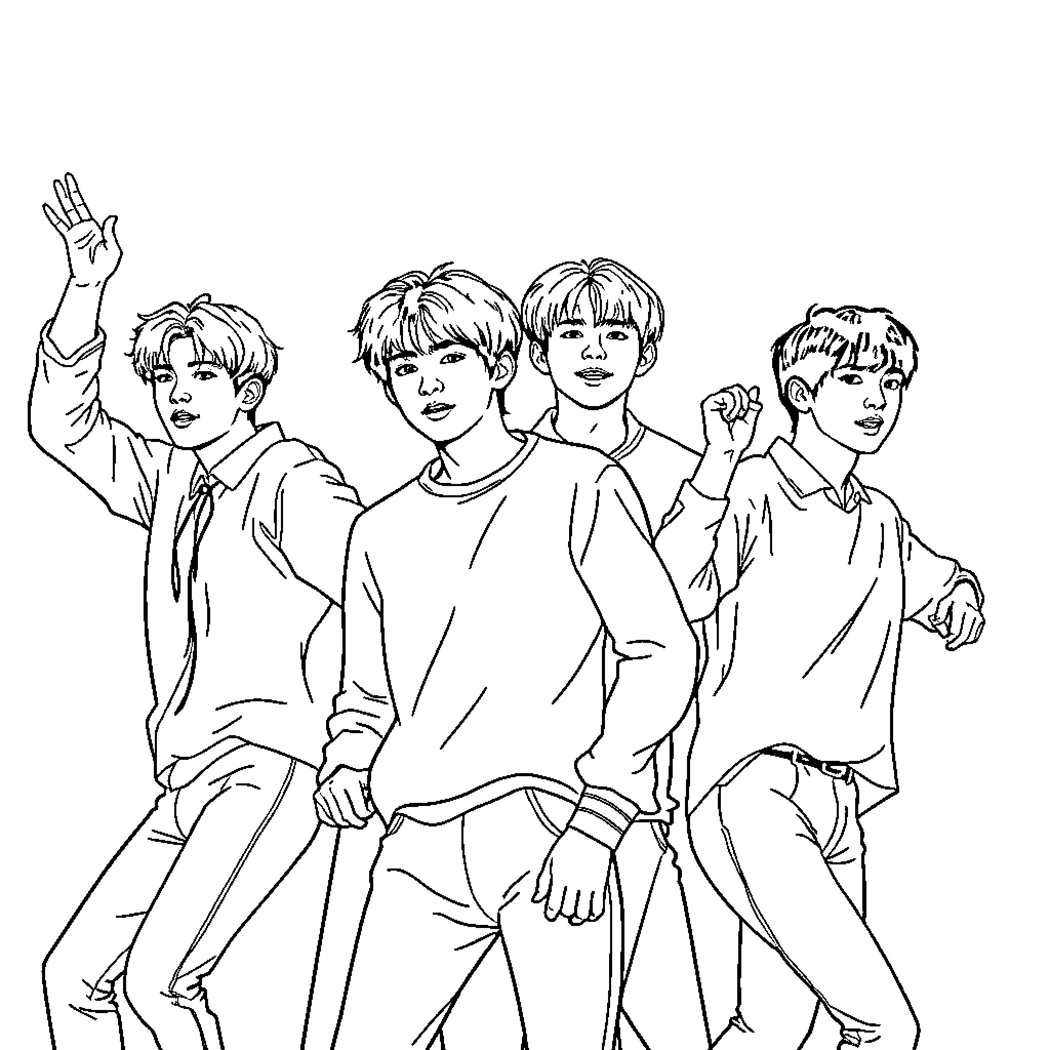 BTS Members Posing Playfully in Casual Outfits Coloring Page (free black-and-white line drawing printable PDF for all, from beginners to advanced learners, including children, teens, adults, and seniors)