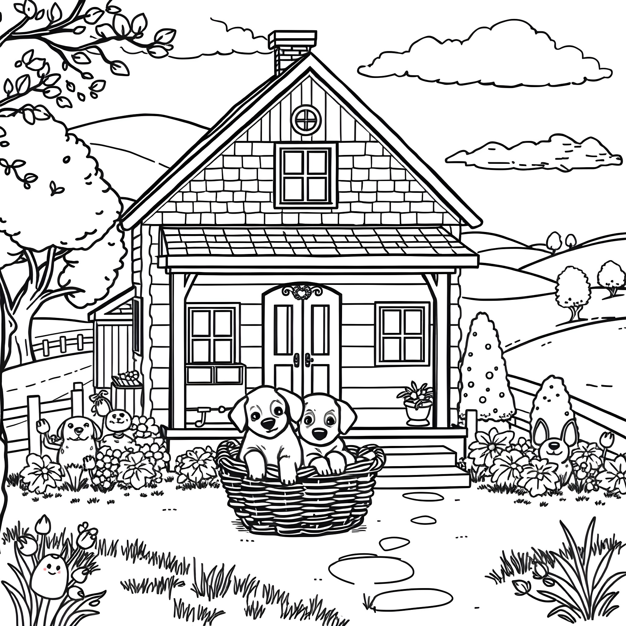 Puppies playing outside their cozy cottage home Coloring Page (free black-and-white line drawing printable PDF for all, from beginners to advanced learners, including children, teens, adults, and seniors)
