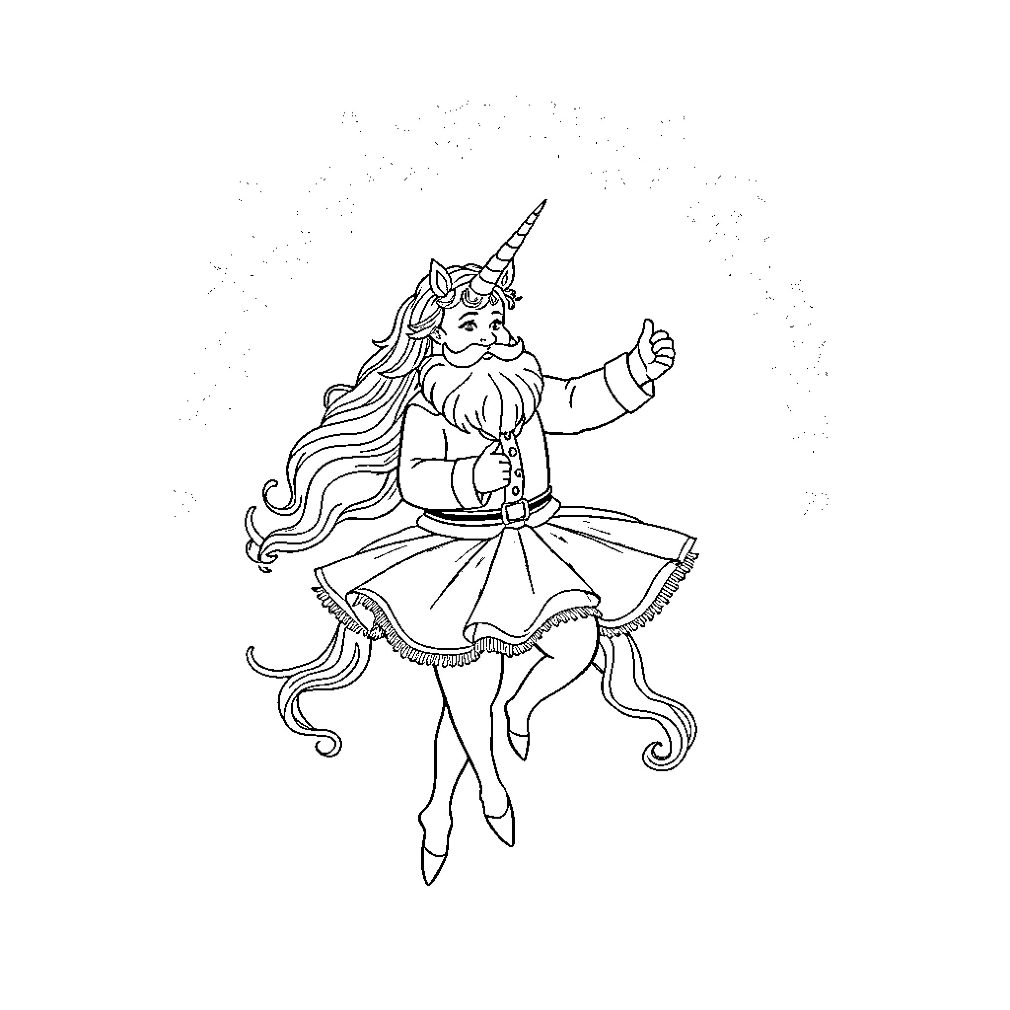 Unicorn Dancing Joyfully in Tutu Dress Coloring Page (free black-and-white line drawing printable PDF for all, from beginners to advanced learners, including children, teens, adults, and seniors)