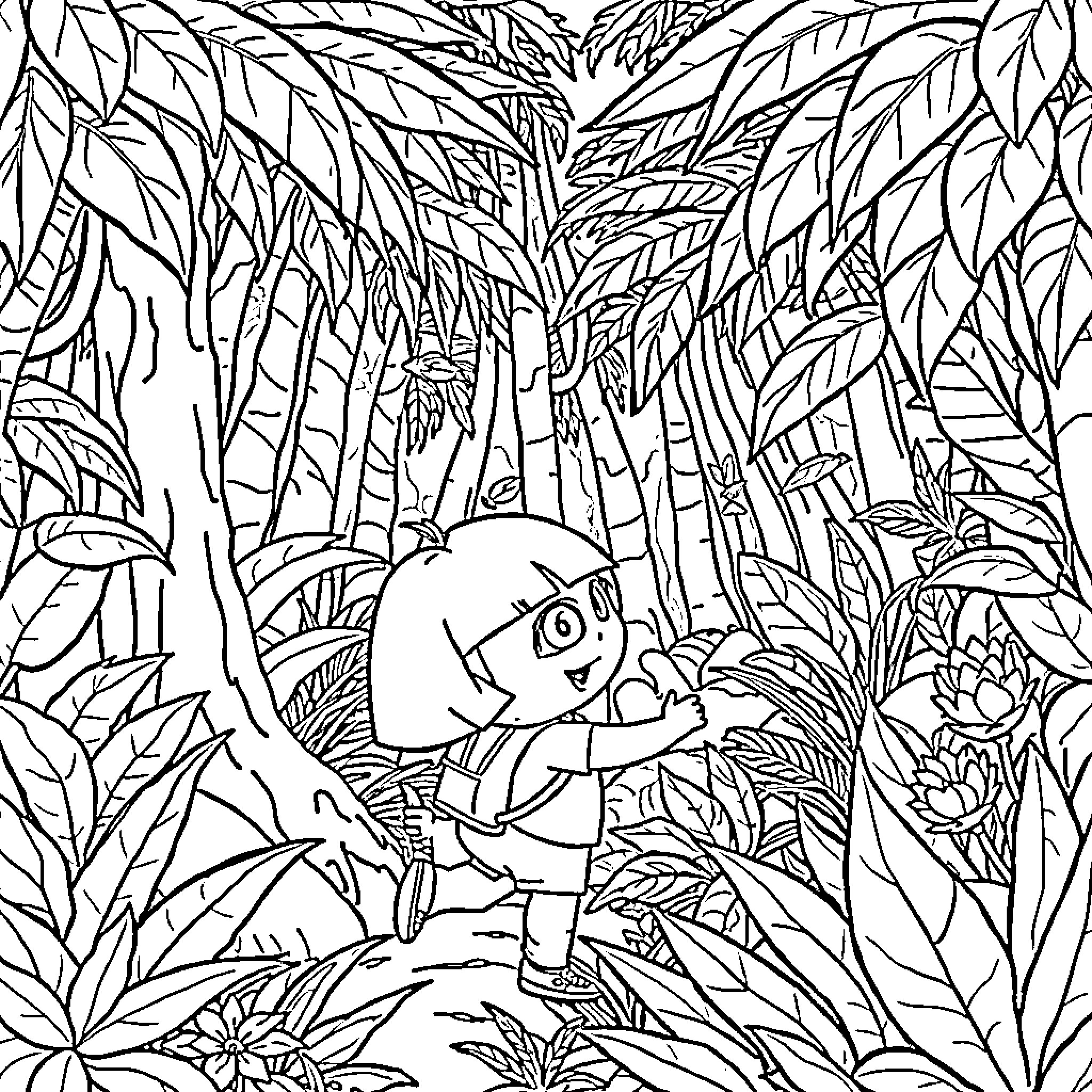 Dora exploring the jungle landscape Coloring Page (free black-and-white line drawing printable PDF for all, from beginners to advanced learners, including children, teens, adults, and seniors)