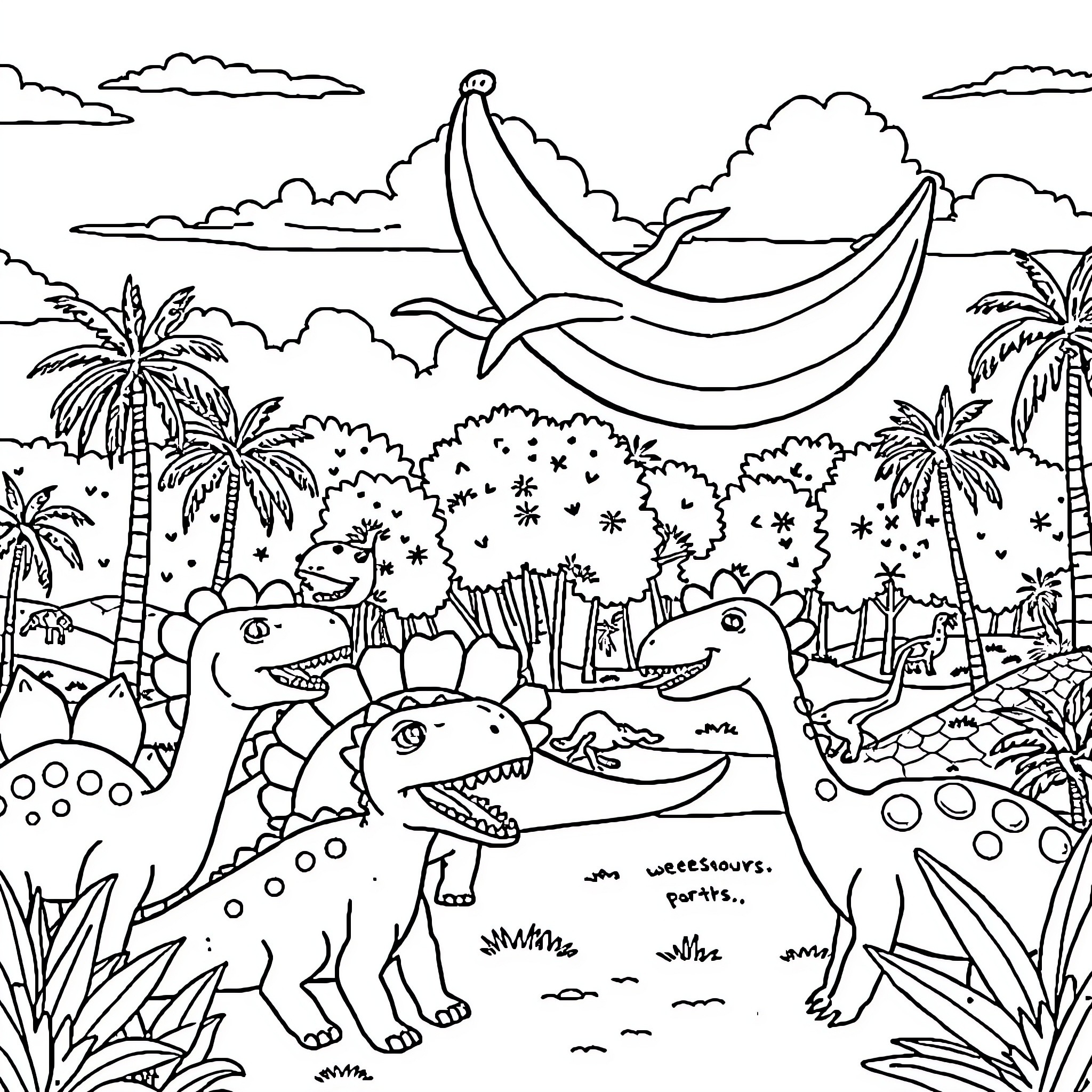 Banana-shaped boats sail above playful dinosaurs Coloring Page (free black-and-white line drawing printable PDF for all, from beginners to advanced learners, including children, teens, adults, and seniors)