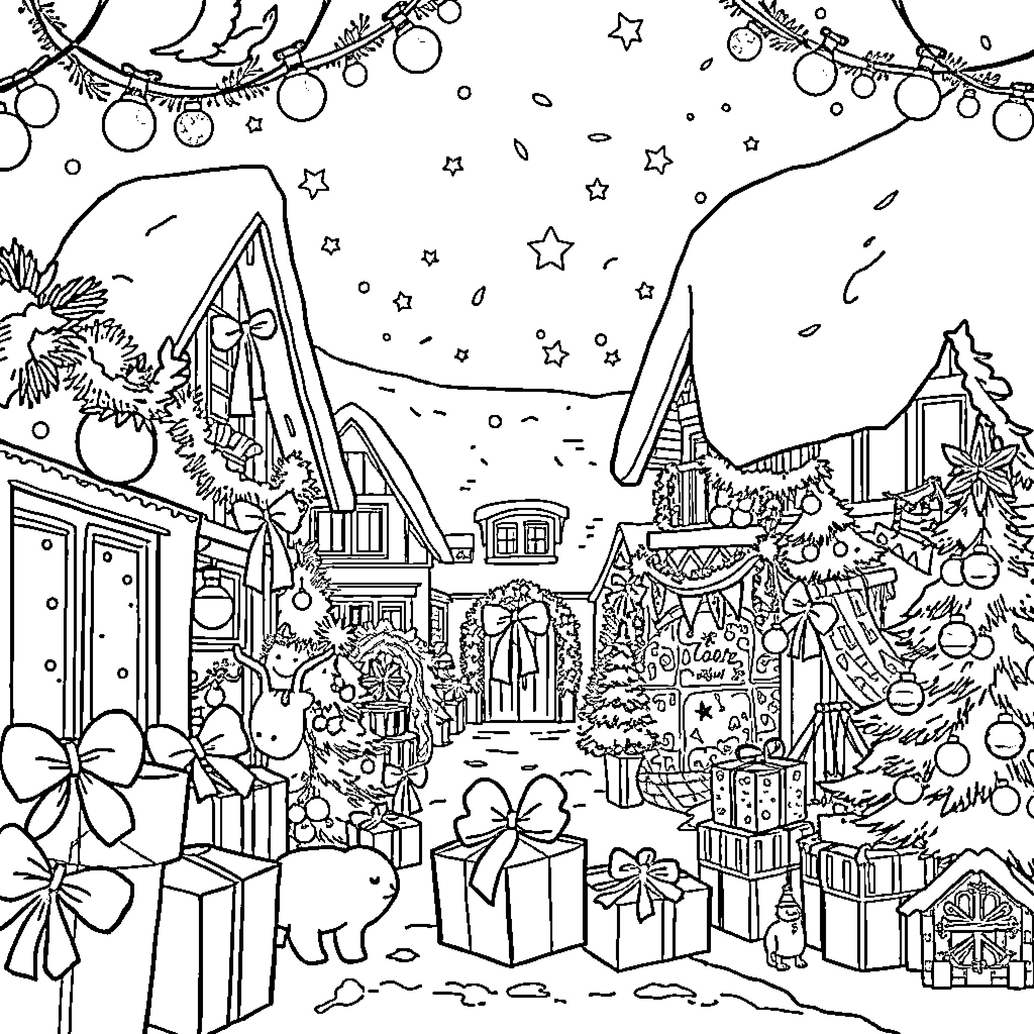 Huntrix's Festive Winter Wonderland Coloring Page (free black-and-white line drawing printable PDF for all, from beginners to advanced learners, including children, teens, adults, and seniors)