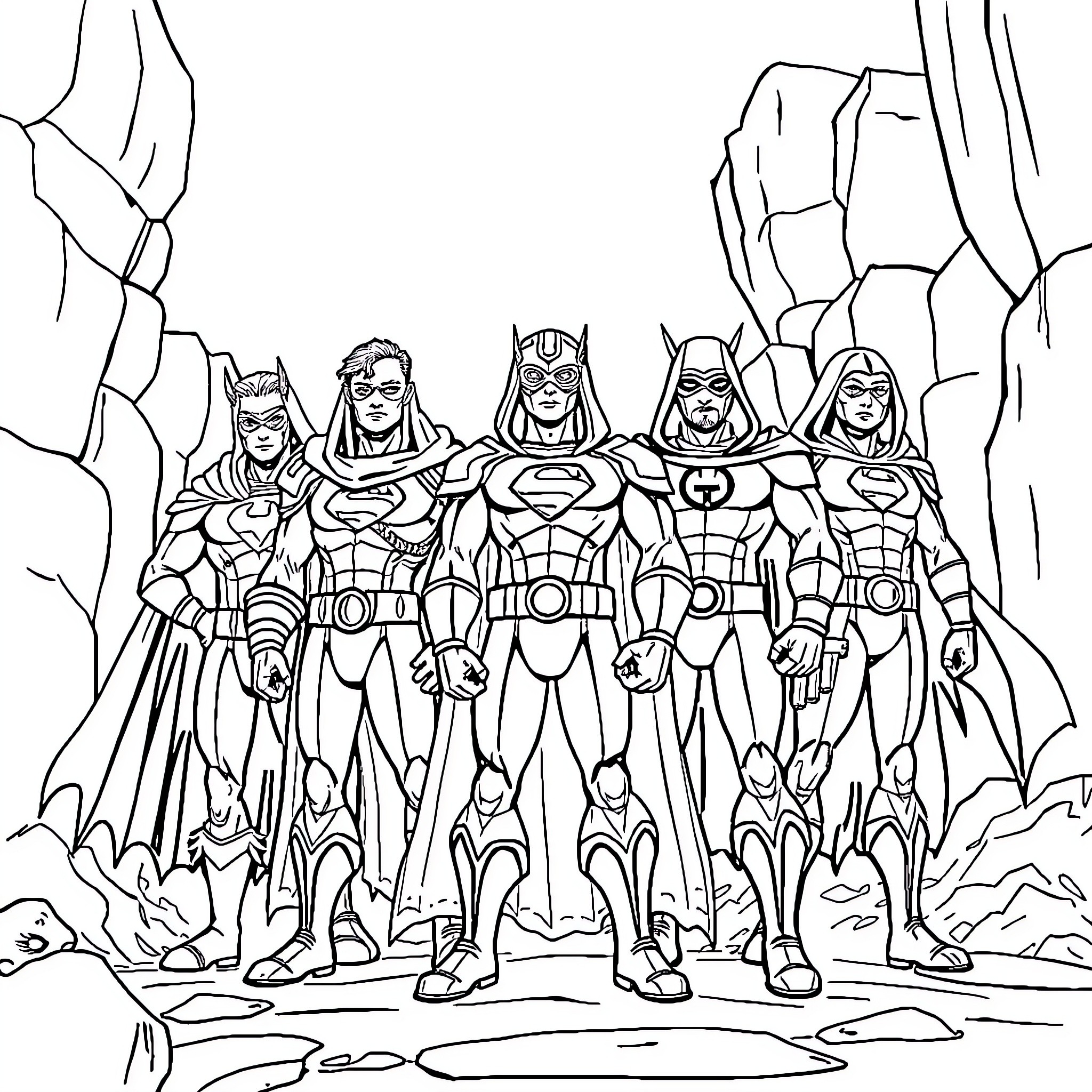 Hero Superheroes Assemble in Heroic Pose Coloring Page (free black-and-white line drawing printable PDF for all, from beginners to advanced learners, including children, teens, adults, and seniors)