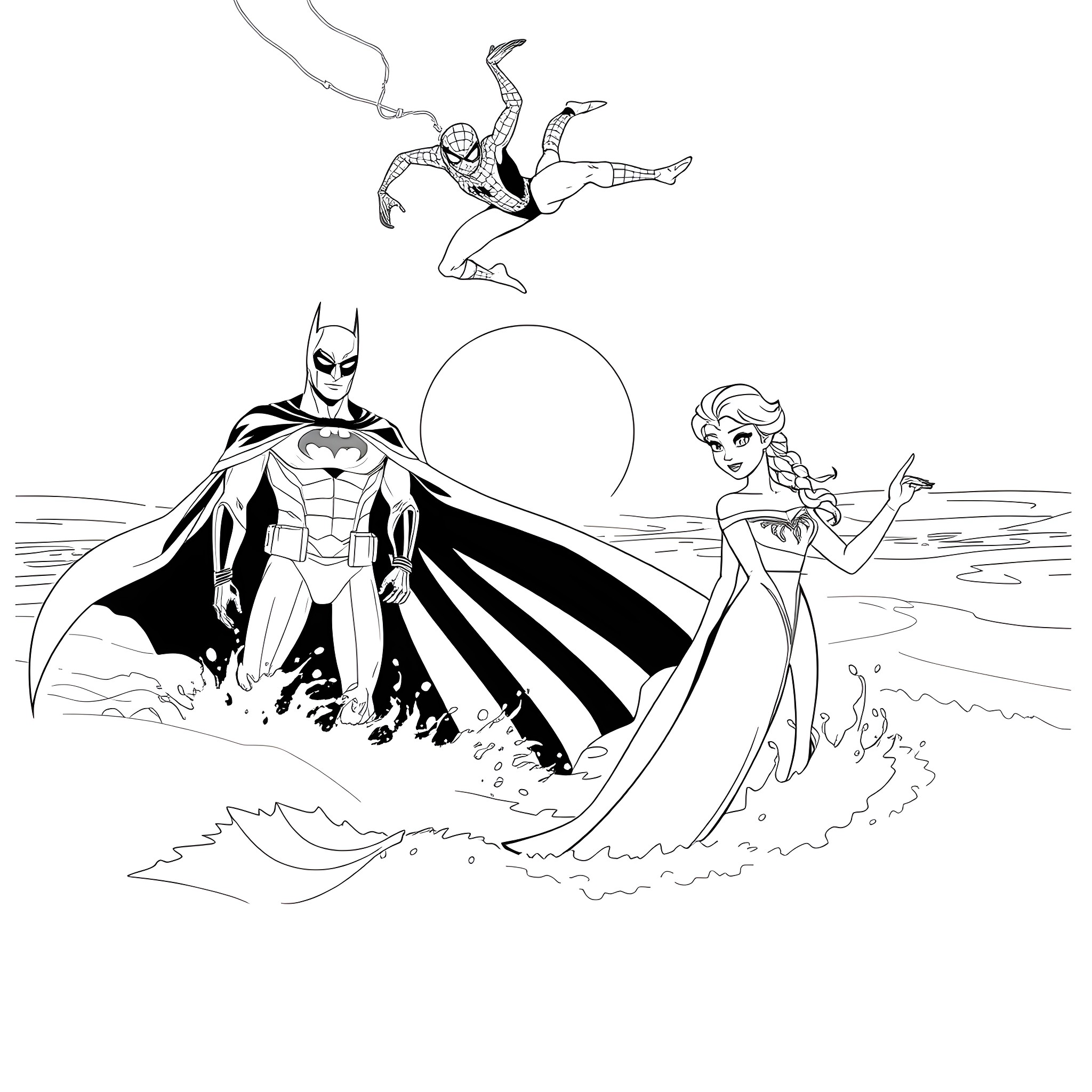 Elsa's Icy Encounter with Batman and Spiderman Coloring Page (free black-and-white line drawing printable PDF for all, from beginners to advanced learners, including children, teens, adults, and seniors)