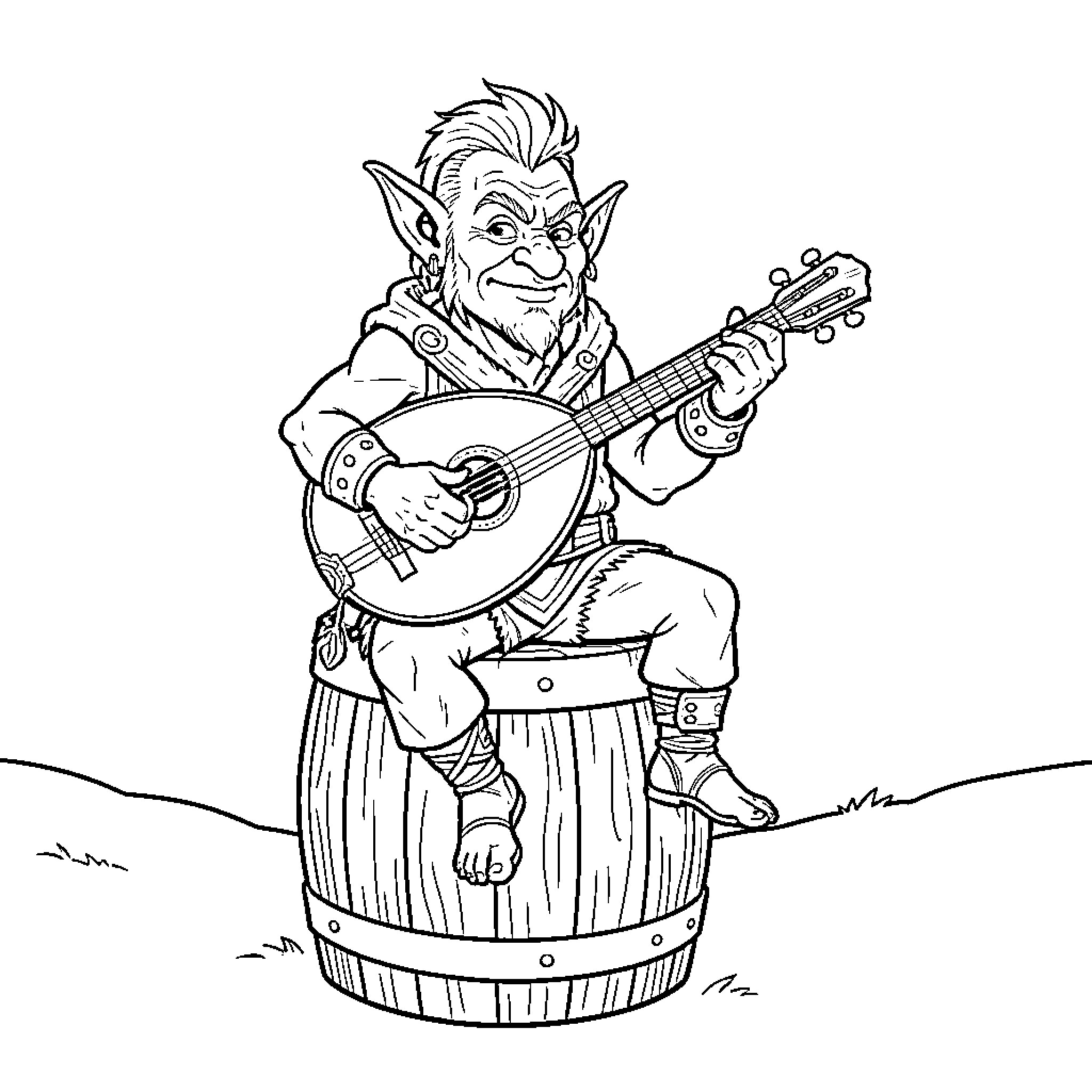 Tiefling sitting on a barrel playing a lute Coloring Page (free black-and-white line drawing printable PDF for all, from beginners to advanced learners, including children, teens, adults, and seniors)