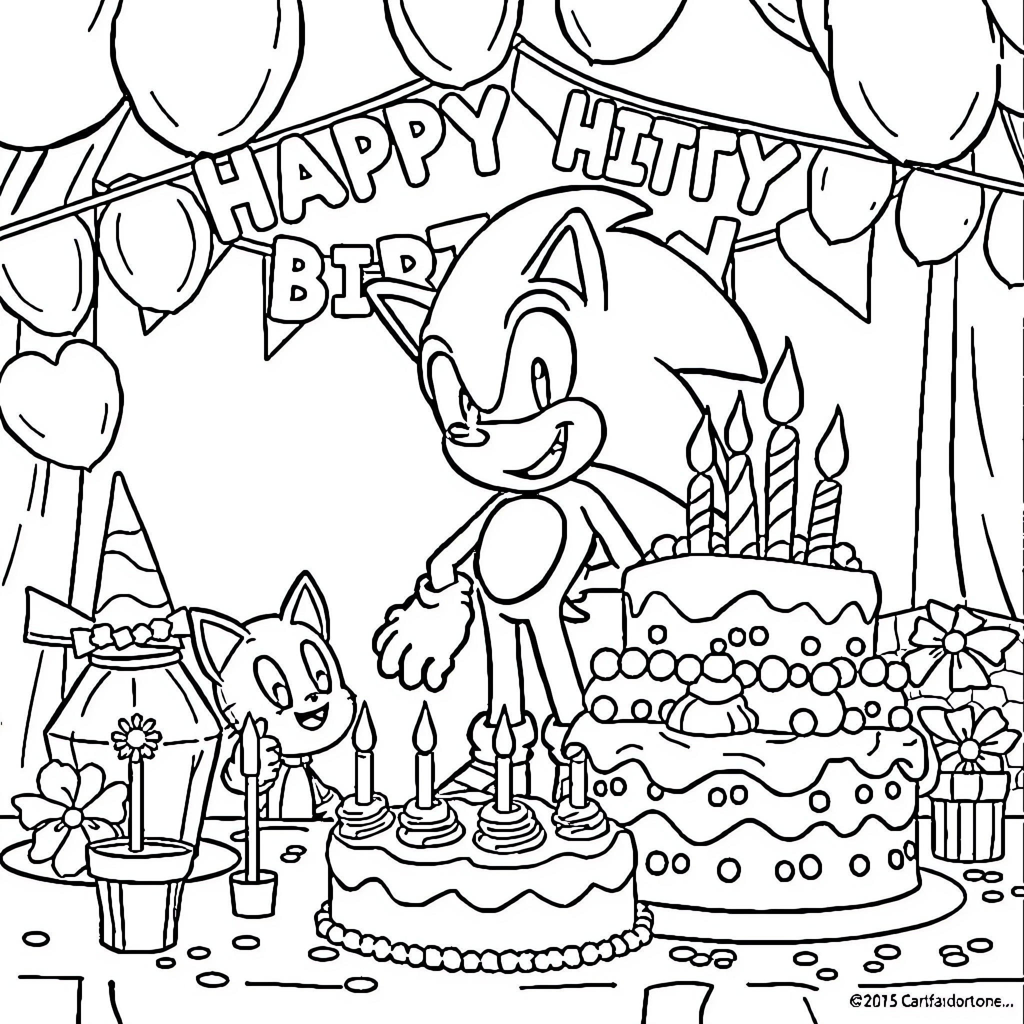 Sonic's Happy Birthday Celebration Coloring Page (free black-and-white line drawing printable PDF for all, from beginners to advanced learners, including children, teens, adults, and seniors)