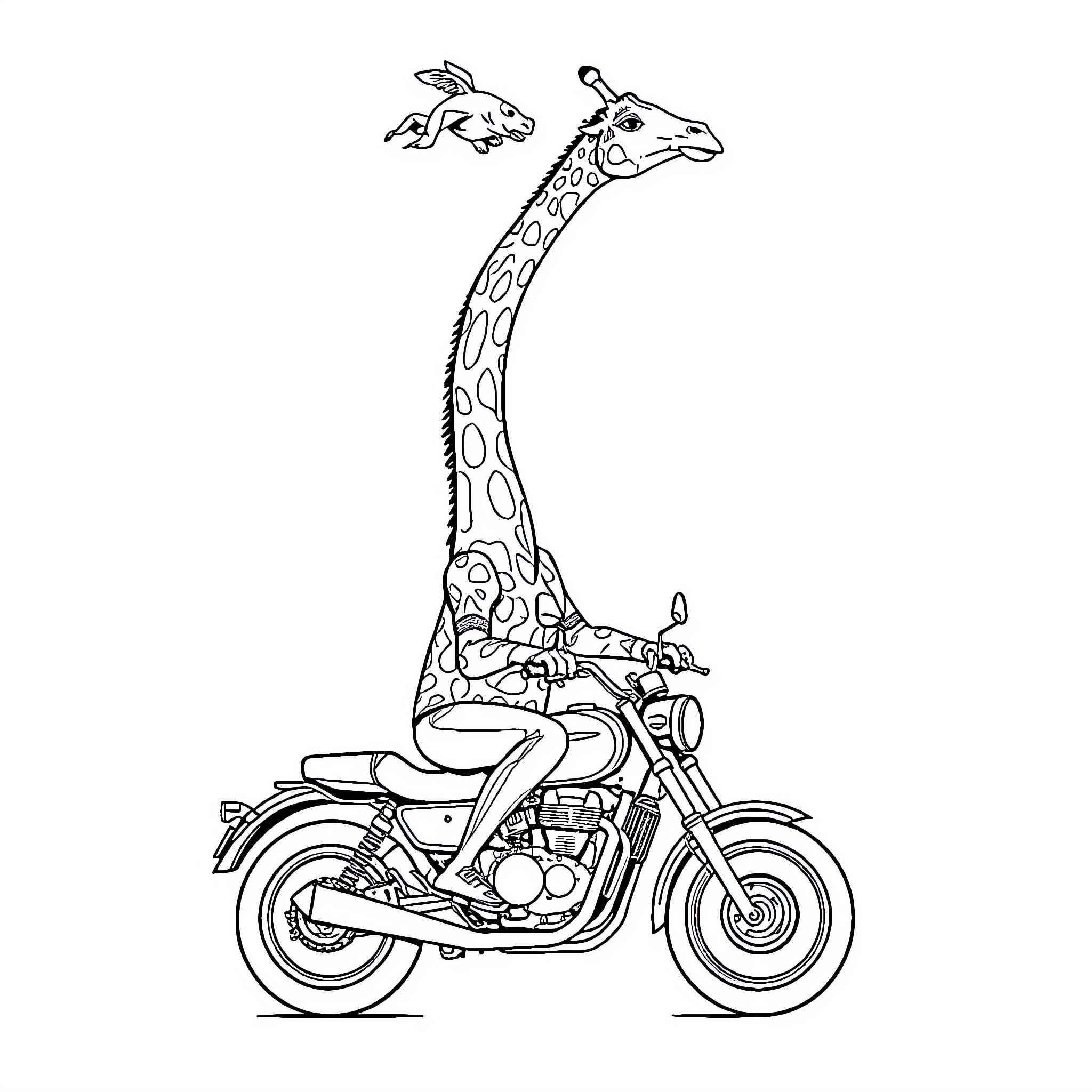Giraffe riding a motorcycle with birds Coloring Page (free black-and-white line drawing printable PDF for all, from beginners to advanced learners, including children, teens, adults, and seniors)