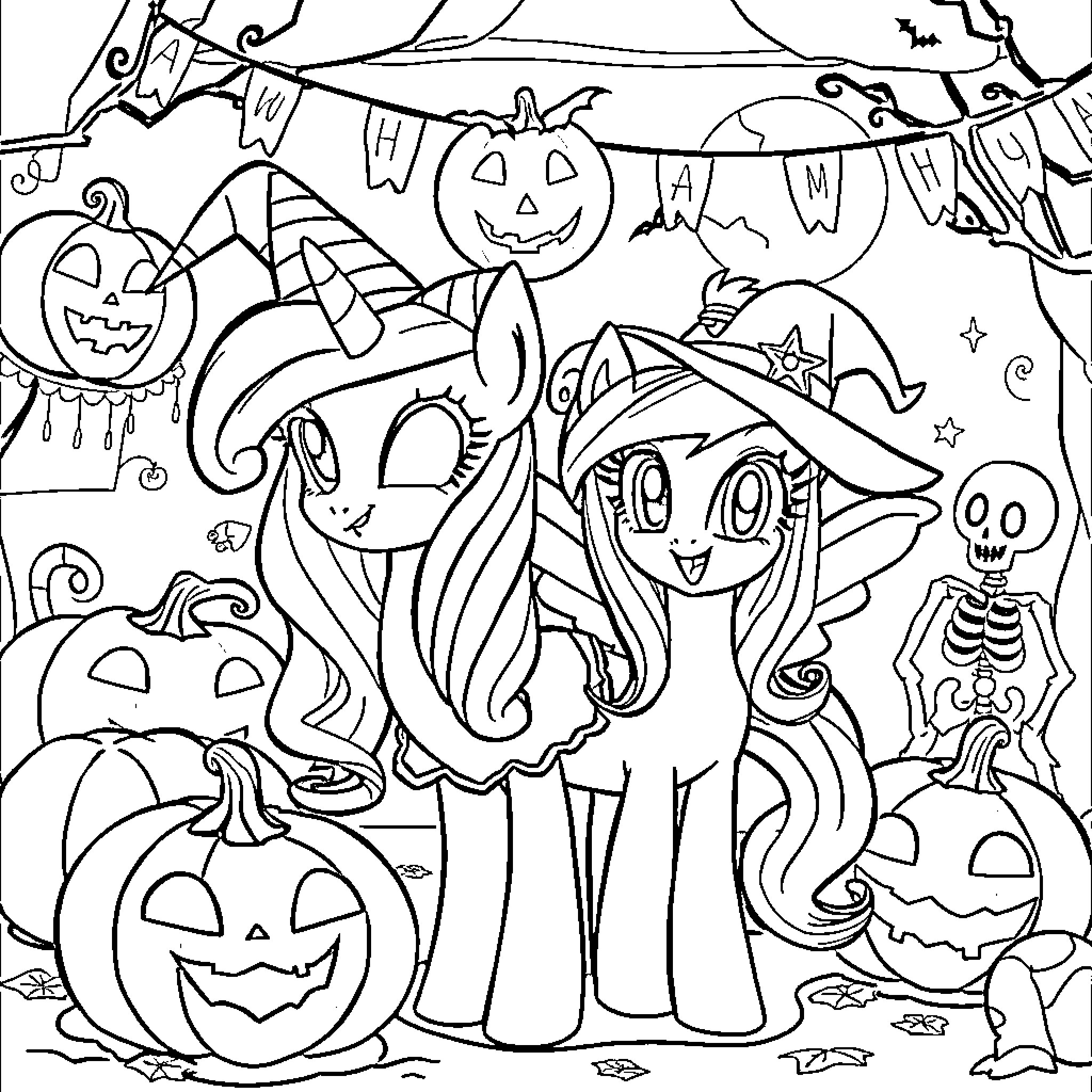 Pony friends enjoying a Halloween party Coloring Page (free black-and-white line drawing printable PDF for all, from beginners to advanced learners, including children, teens, adults, and seniors)