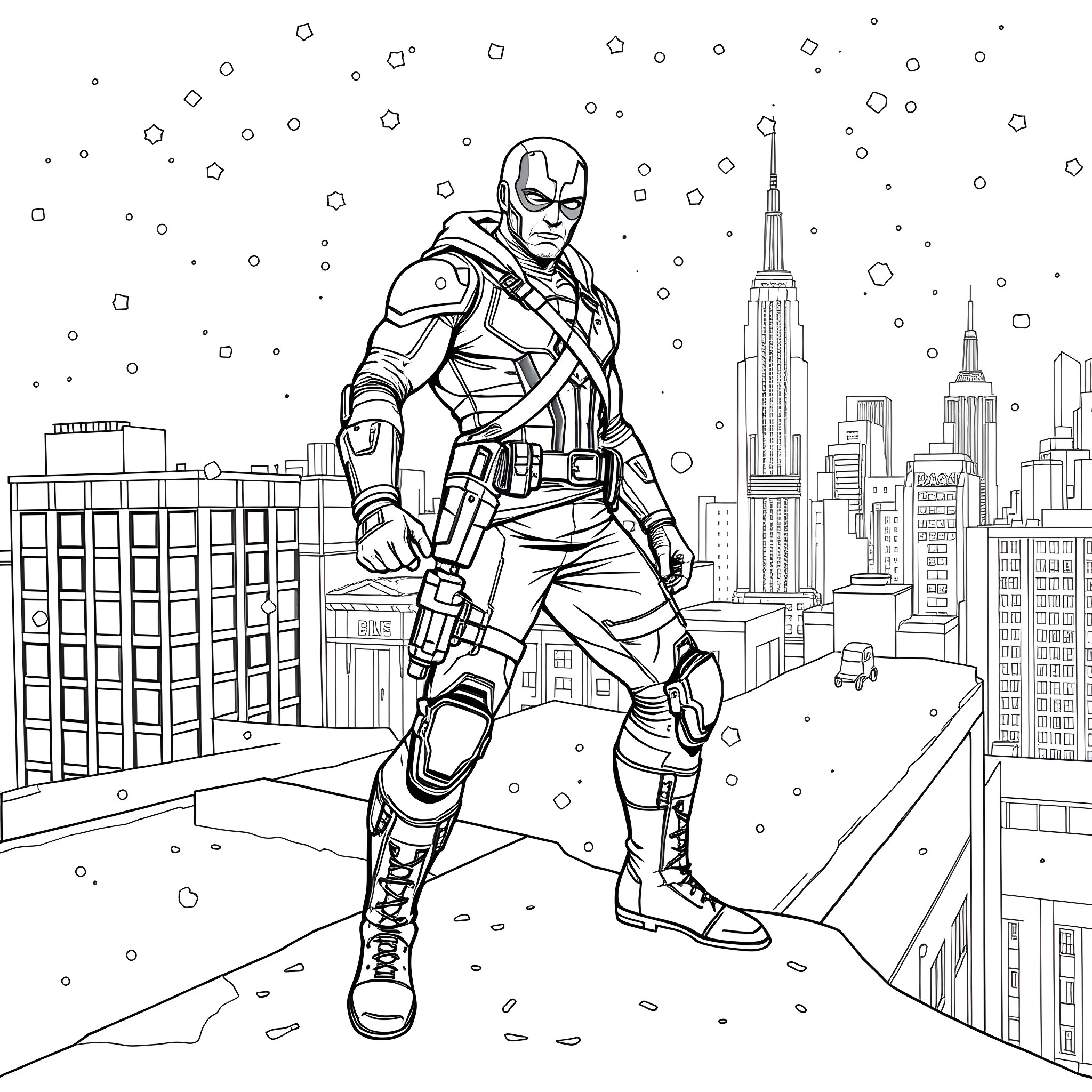 Winter Soldier Stands Strong in the Snowy City Coloring Page (free black-and-white line drawing printable PDF for all, from beginners to advanced learners, including children, teens, adults, and seniors)