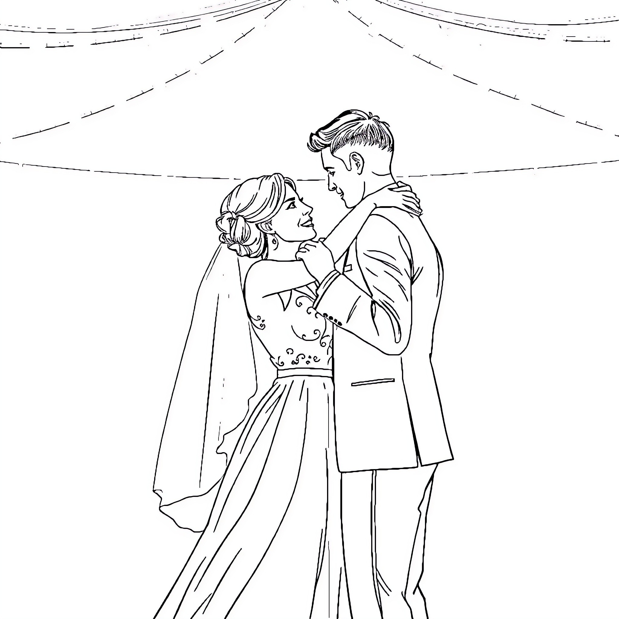 Bride and Groom Sharing a Tender Moment Coloring Page (free black-and-white line drawing printable PDF for all, from beginners to advanced learners, including children, teens, adults, and seniors)