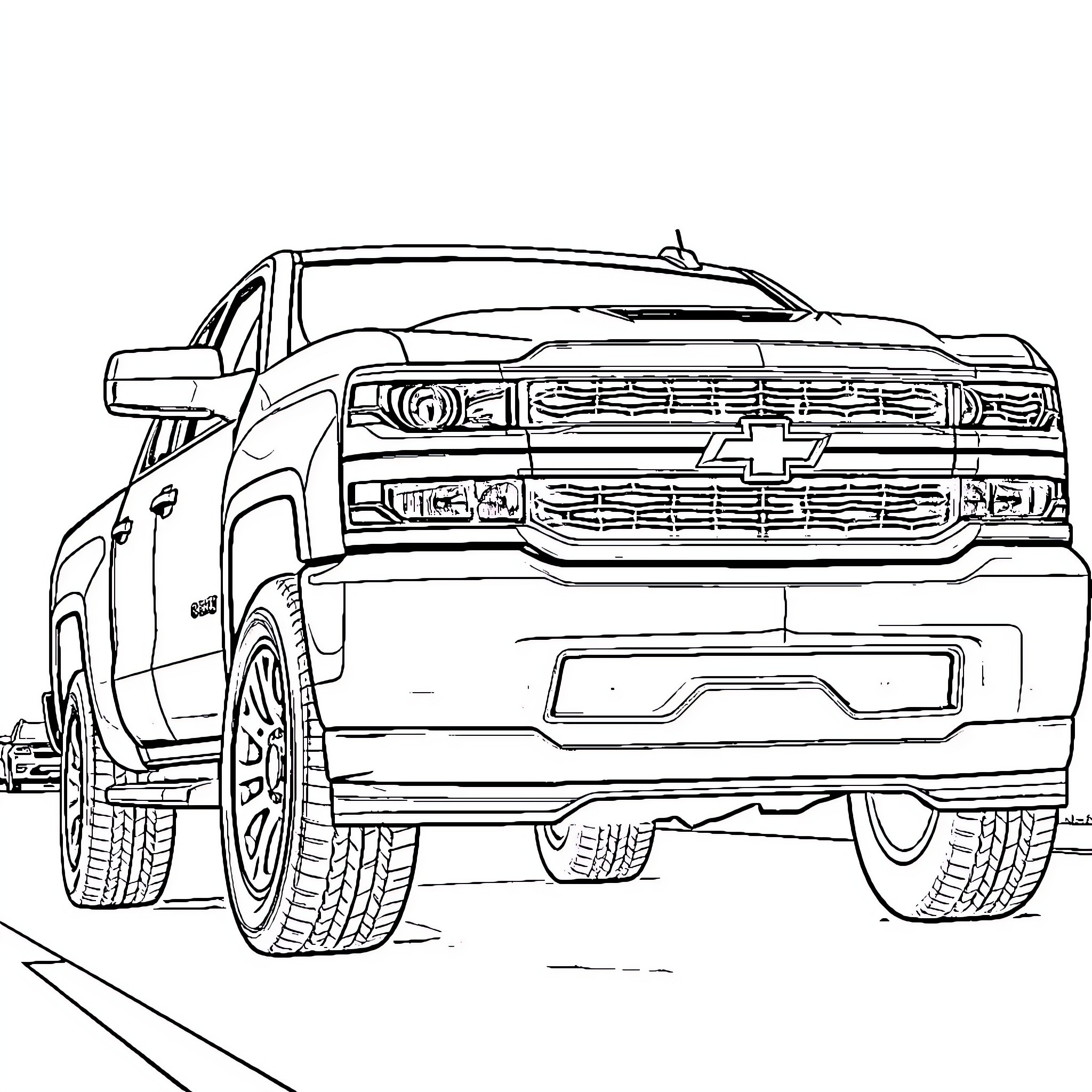 Silverado pickup truck on the road Coloring Page (free black-and-white line drawing printable PDF for all, from beginners to advanced learners, including children, teens, adults, and seniors)