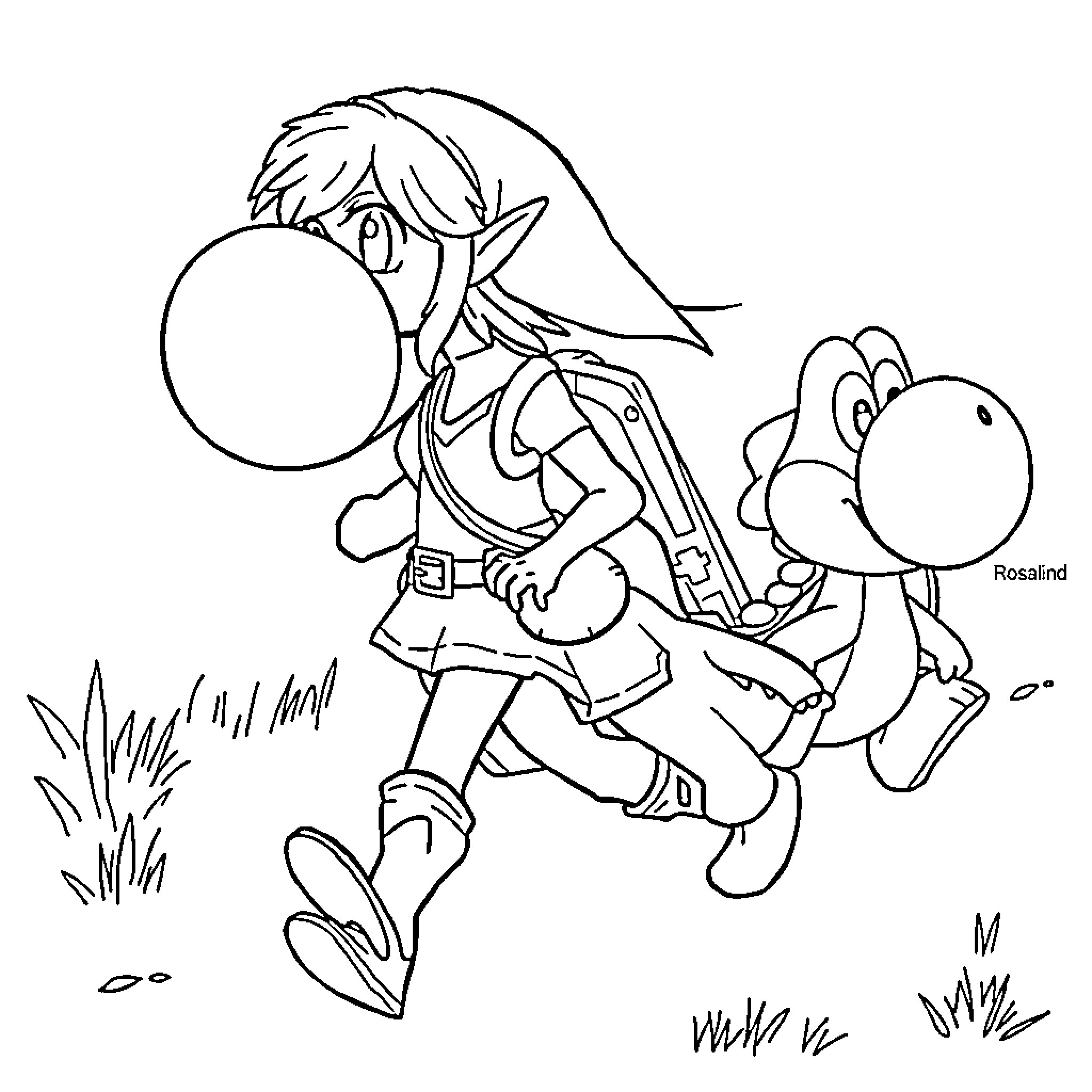 Yoshi and Link on an adventure Coloring Page (free black-and-white line drawing printable PDF for all, from beginners to advanced learners, including children, teens, adults, and seniors)