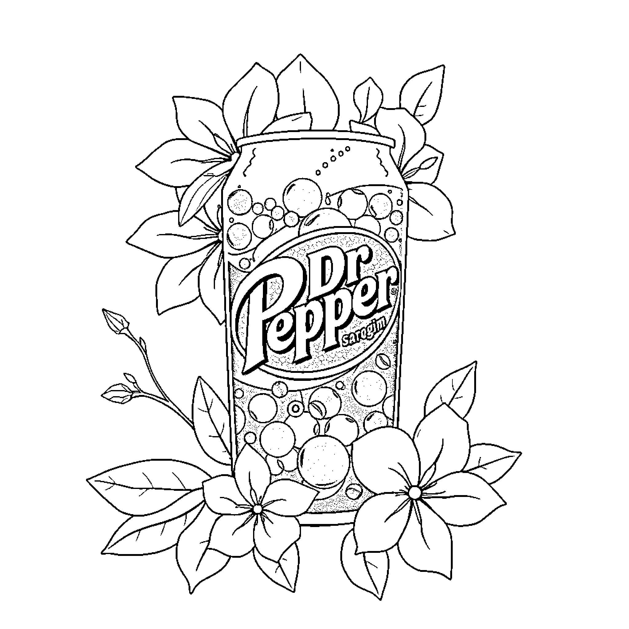 Jasmine's Whimsical Dr Pepper Delight Coloring Page (free black-and-white line drawing printable PDF for all, from beginners to advanced learners, including children, teens, adults, and seniors)