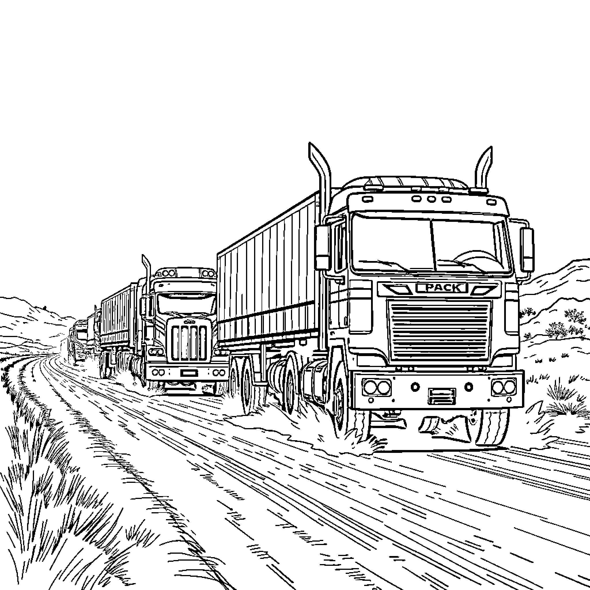 Truck convoy transporting goods along rural road Coloring Page (free black-and-white line drawing printable PDF for all, from beginners to advanced learners, including children, teens, adults, and seniors)