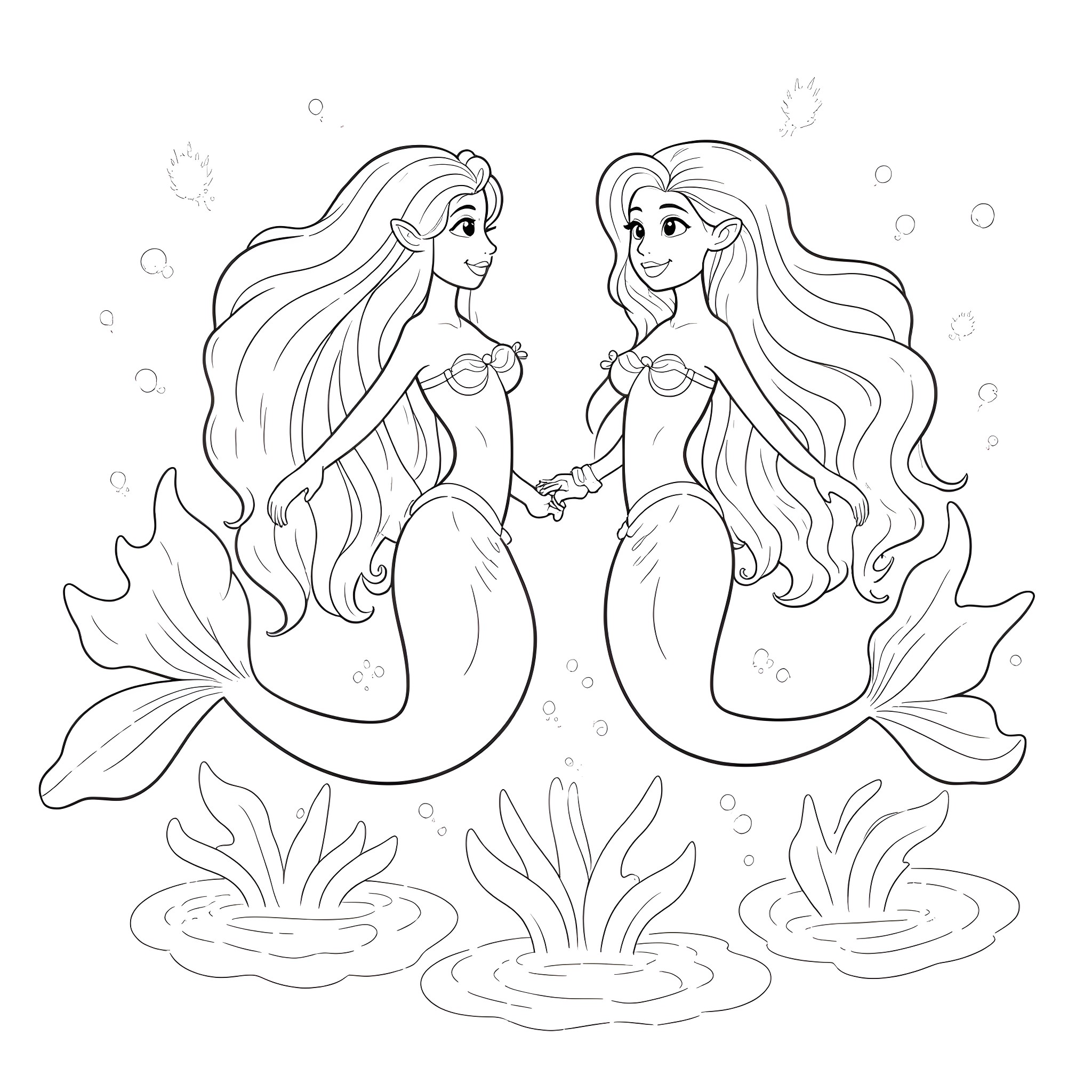 Mermaid sisters swimming together in the ocean Coloring Page (free black-and-white line drawing printable PDF for all, from beginners to advanced learners, including children, teens, adults, and seniors)