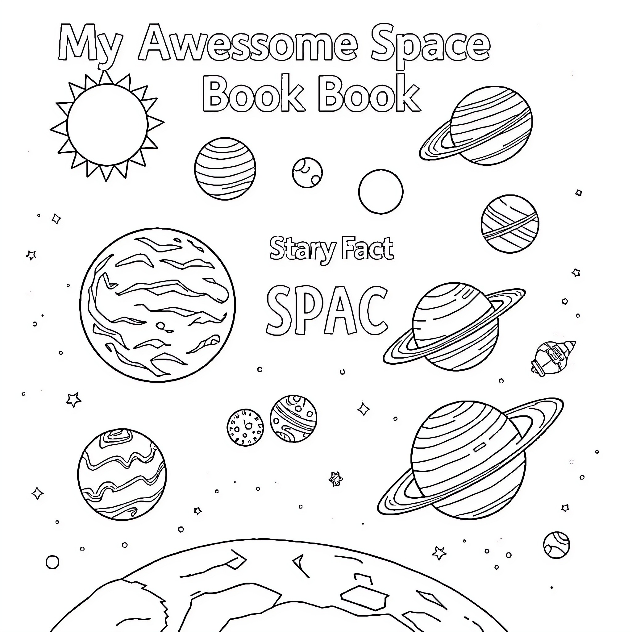 Space book featuring planets and celestial objects Coloring Page (free black-and-white line drawing printable PDF for all, from beginners to advanced learners, including children, teens, adults, and seniors)