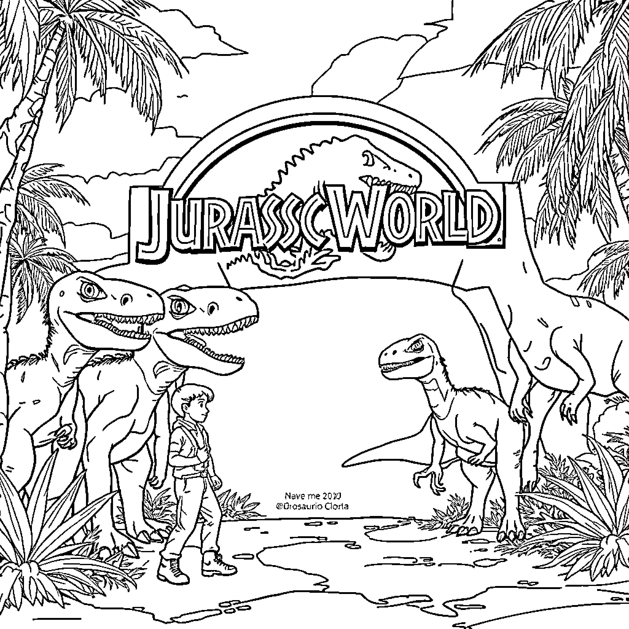 Jurassic World: Dinosaurs in Jungle Landscape Coloring Page (free black-and-white line drawing printable PDF for all, from beginners to advanced learners, including children, teens, adults, and seniors)