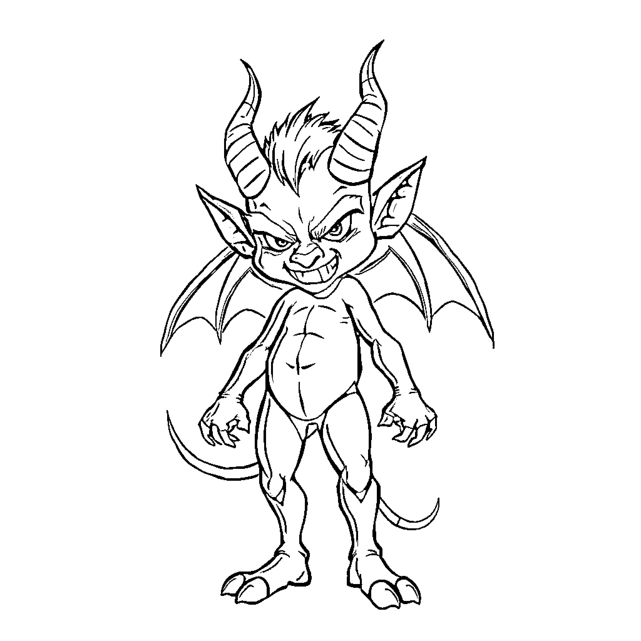 Devil-like creature with horns and wings Coloring Page (free black-and-white line drawing printable PDF for all, from beginners to advanced learners, including children, teens, adults, and seniors)