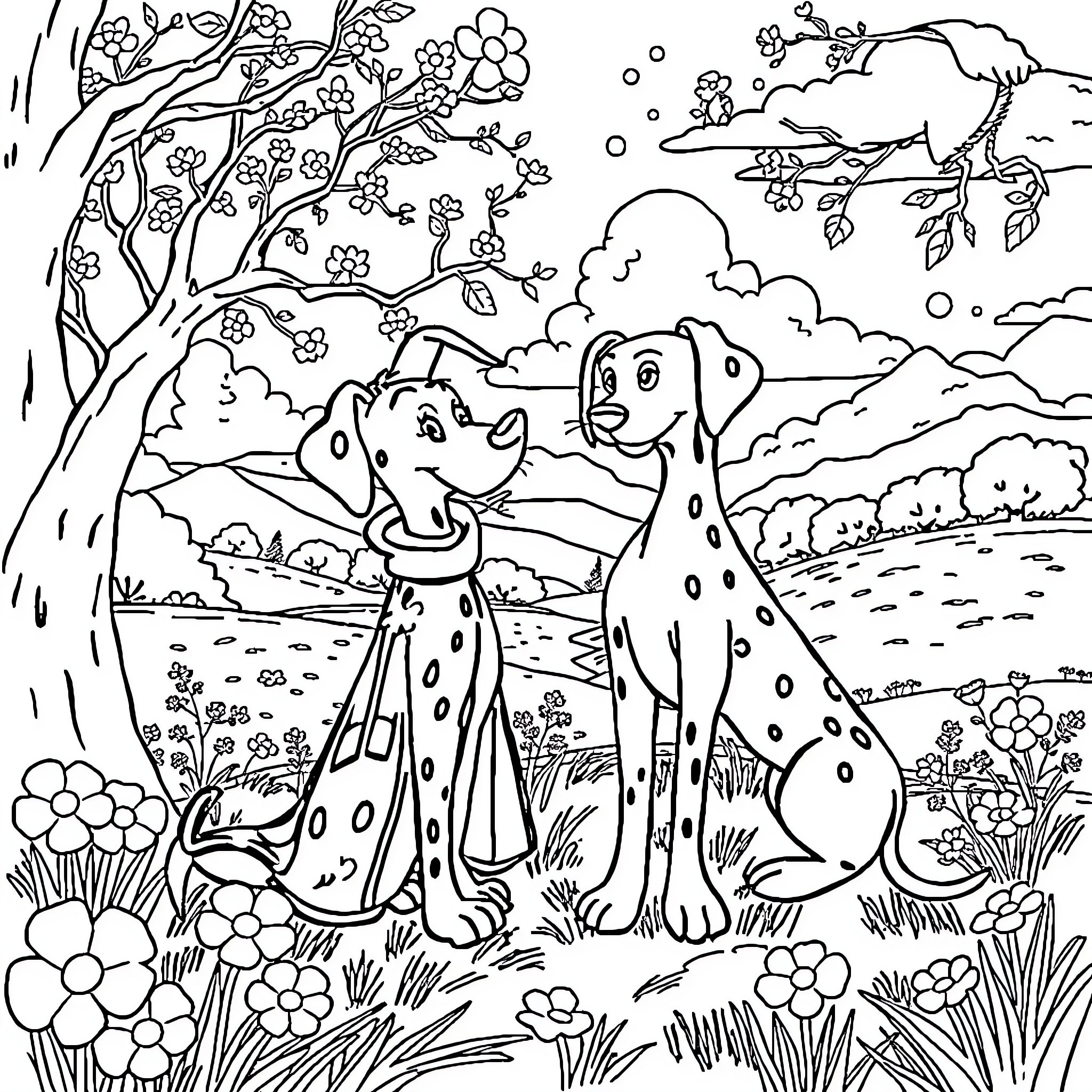 Dalmatian puppies playing in a flower-filled meadow Coloring Page (free black-and-white line drawing printable PDF for all, from beginners to advanced learners, including children, teens, adults, and seniors)