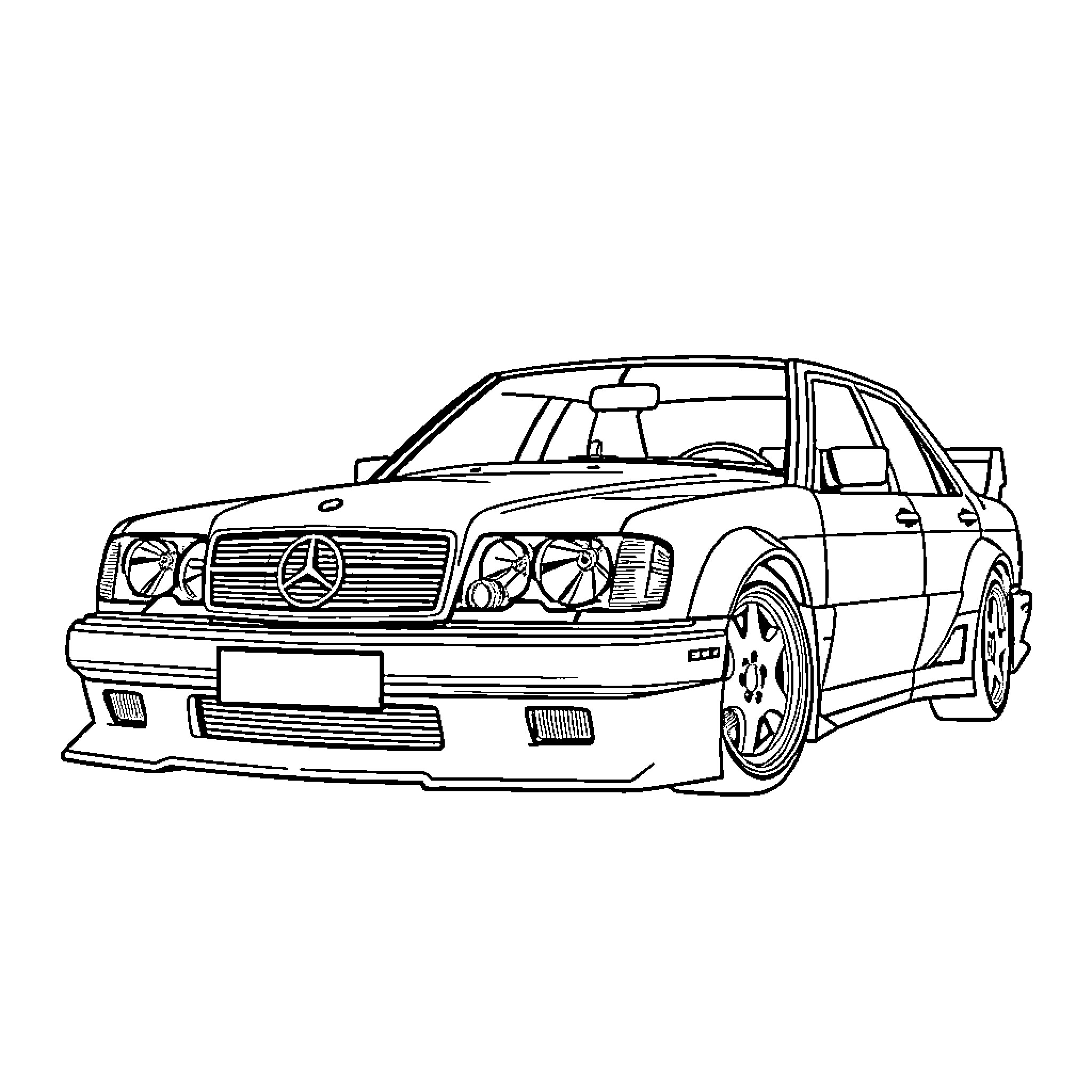 Mercedes sports car in action Coloring Page (free black-and-white line drawing printable PDF for all, from beginners to advanced learners, including children, teens, adults, and seniors)