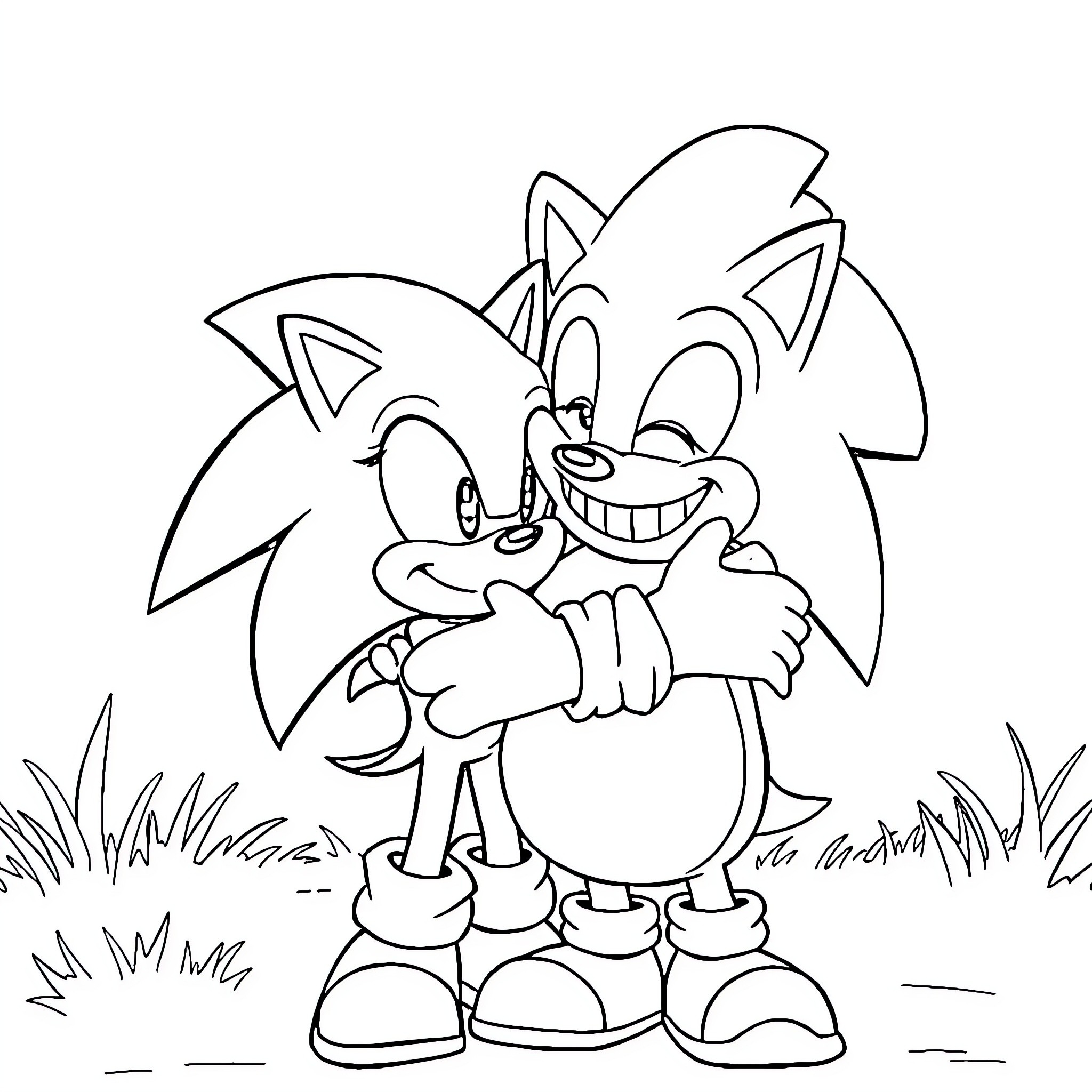 Sonic gleefully embracing his companion Coloring Page (free black-and-white line drawing printable PDF for all, from beginners to advanced learners, including children, teens, adults, and seniors)