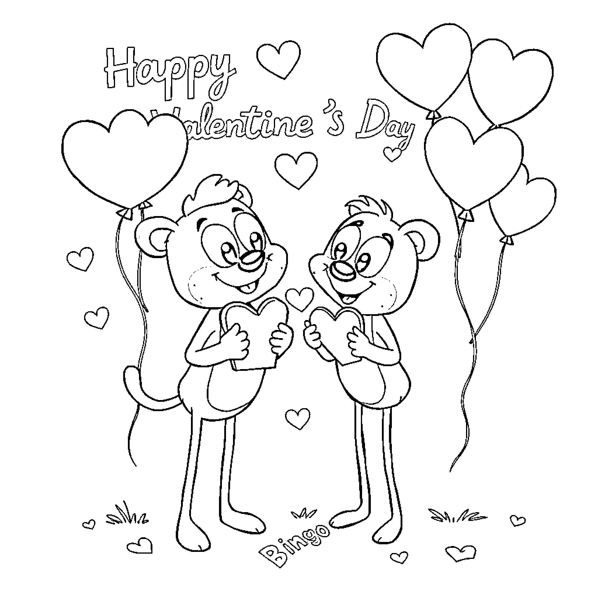Bluey and friends celebrating Valentine's Day Coloring Page (free black-and-white line drawing printable PDF for all, from beginners to advanced learners, including children, teens, adults, and seniors)