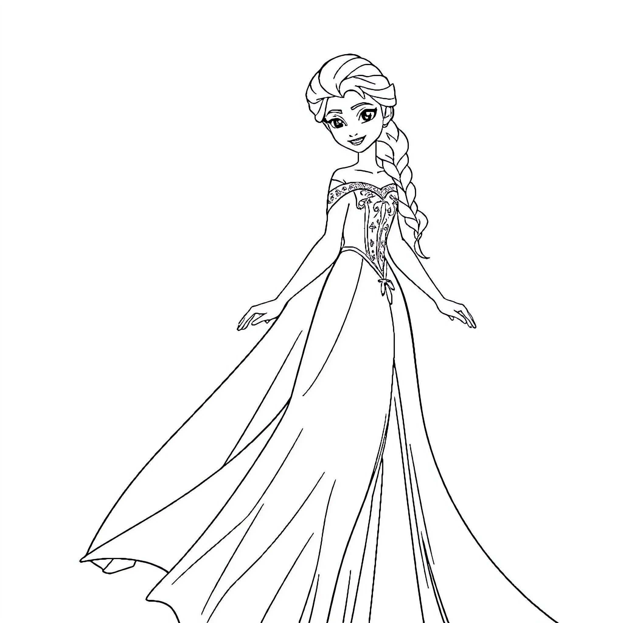 Elsa's Elegant Frozen Ensemble Coloring Page (free black-and-white line drawing printable PDF for all, from beginners to advanced learners, including children, teens, adults, and seniors)