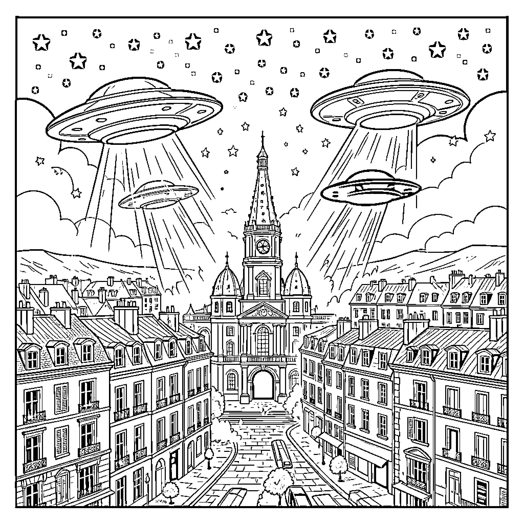 UFO invasion over a European city Coloring Page (free black-and-white line drawing printable PDF for all, from beginners to advanced learners, including children, teens, adults, and seniors)