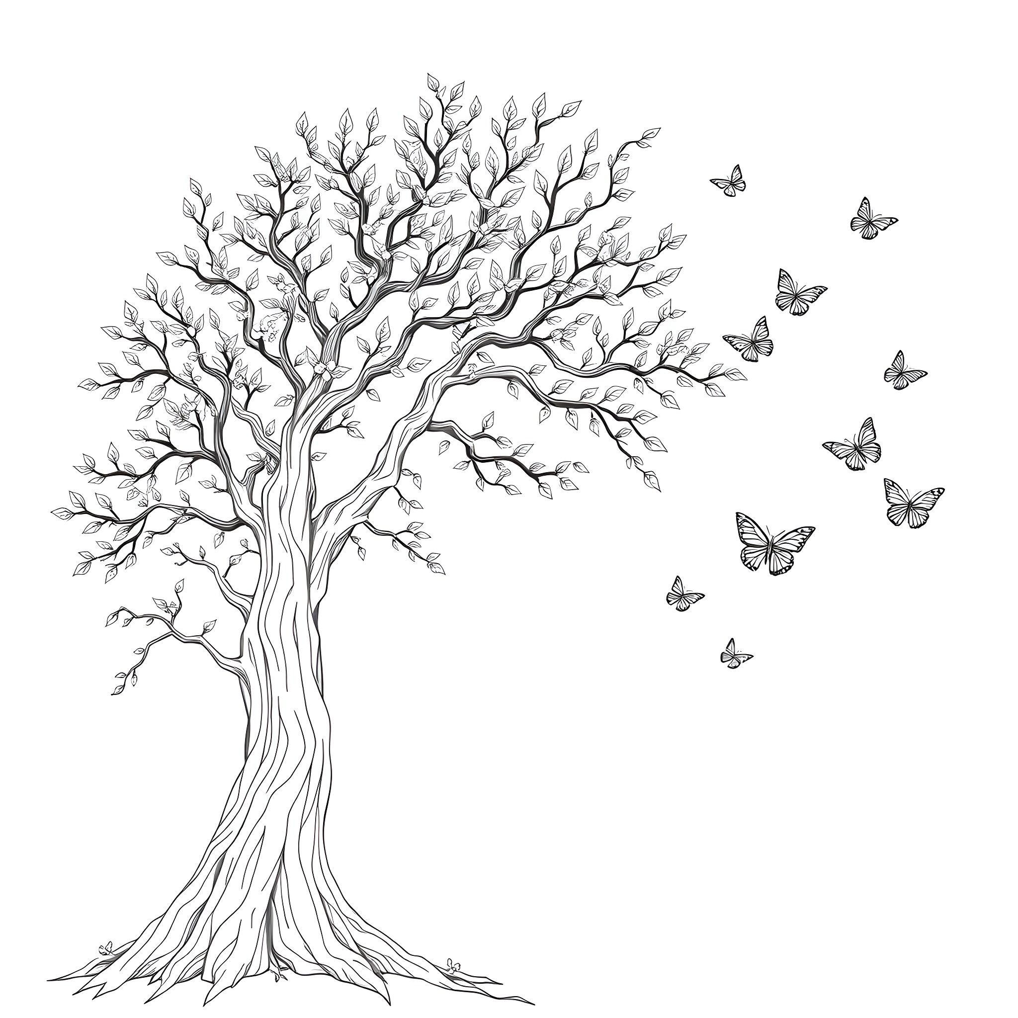 Tree with fluttering butterflies Coloring Page (free black-and-white line drawing printable PDF for all, from beginners to advanced learners, including children, teens, adults, and seniors)