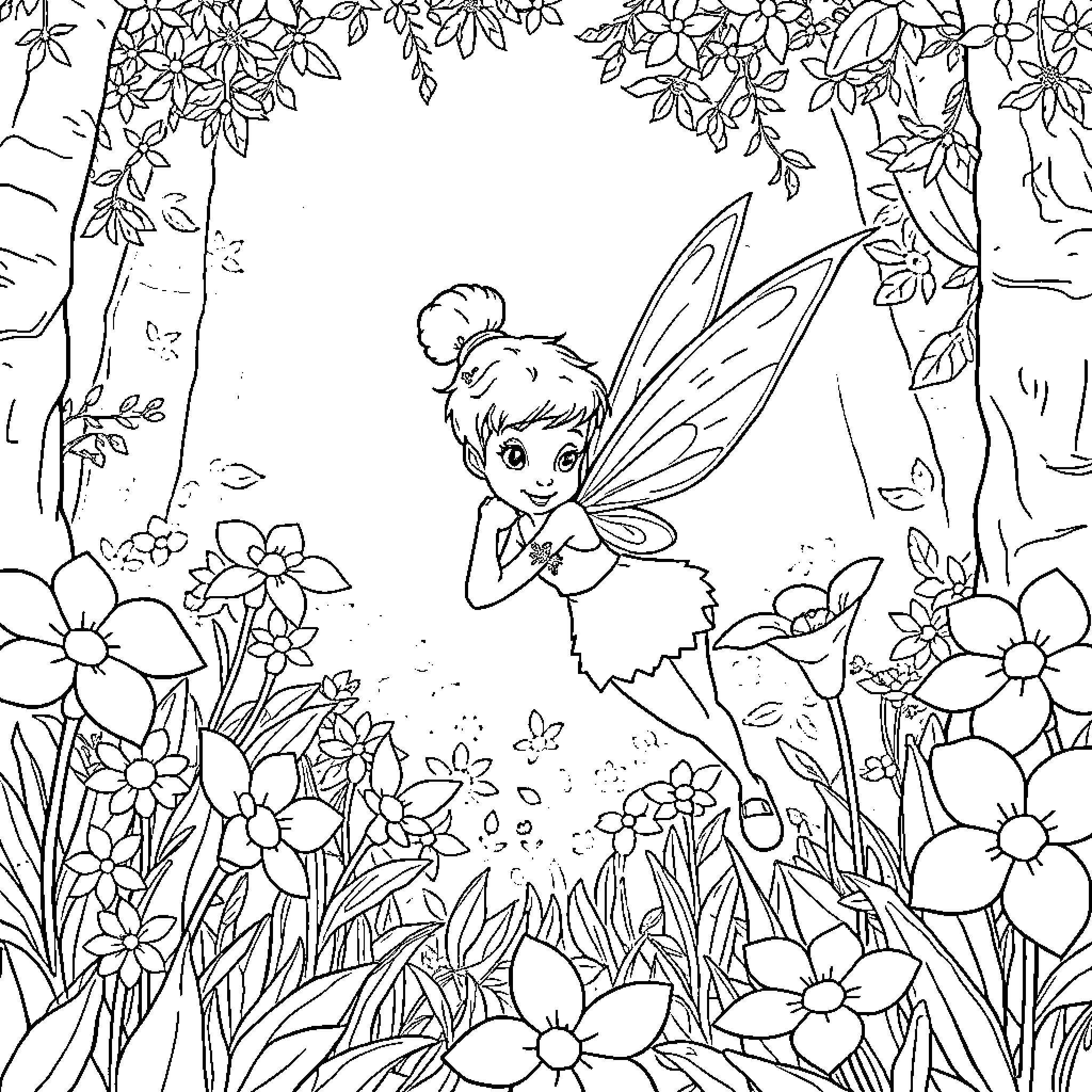 Tinkerbell exploring a magical floral fairytale Coloring Page (free black-and-white line drawing printable PDF for all, from beginners to advanced learners, including children, teens, adults, and seniors)