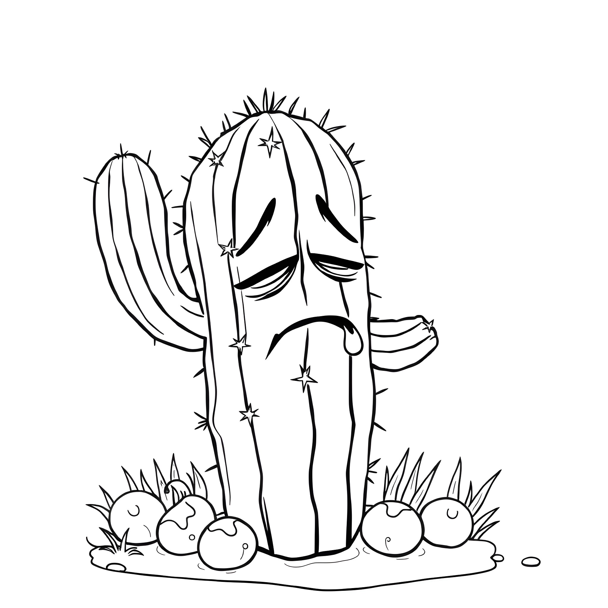 Cactus in a whimsical scene Coloring Page (free black-and-white line drawing printable PDF for all, from beginners to advanced learners, including children, teens, adults, and seniors)