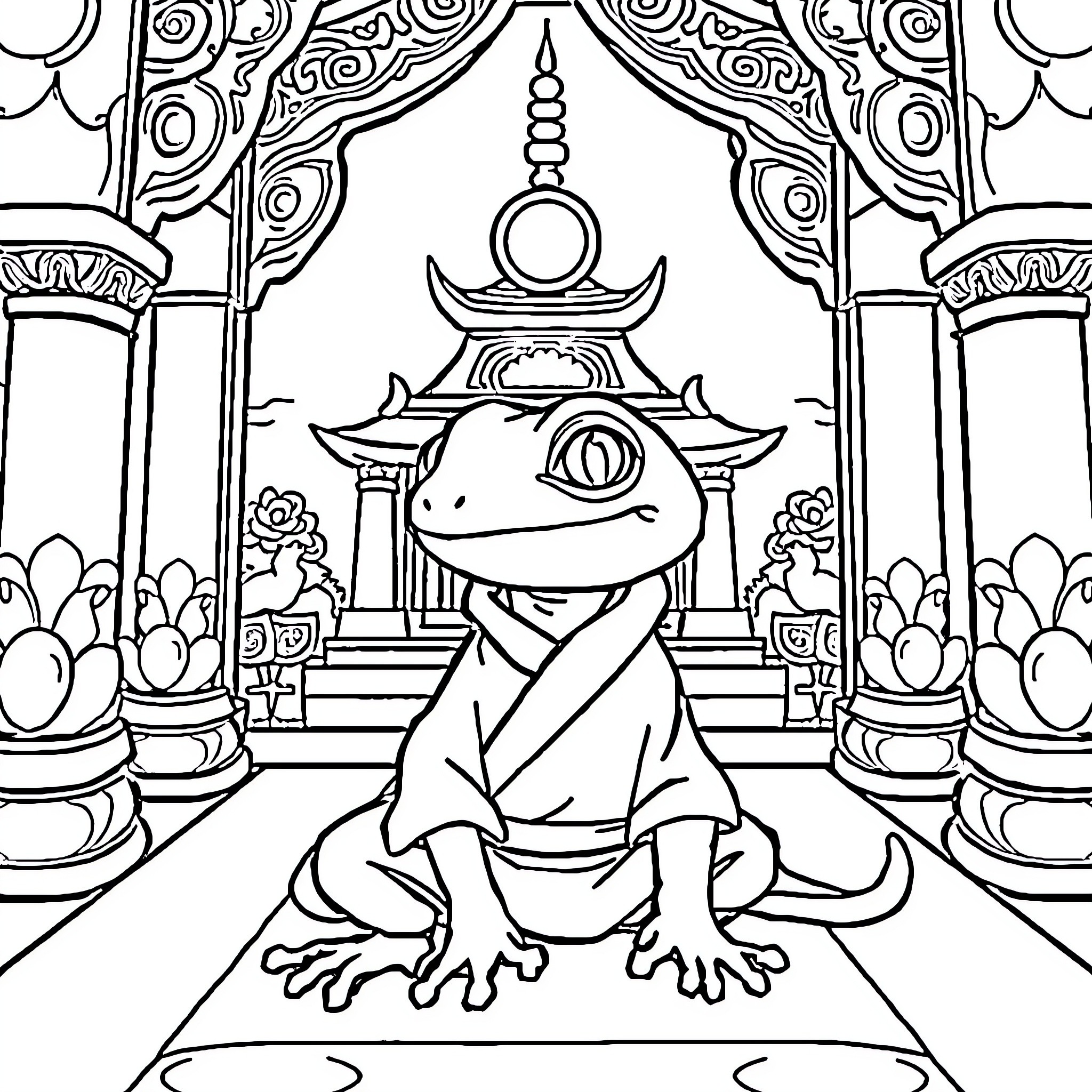 Gecko meditating in a temple Coloring Page (free black-and-white line drawing printable PDF for all, from beginners to advanced learners, including children, teens, adults, and seniors)