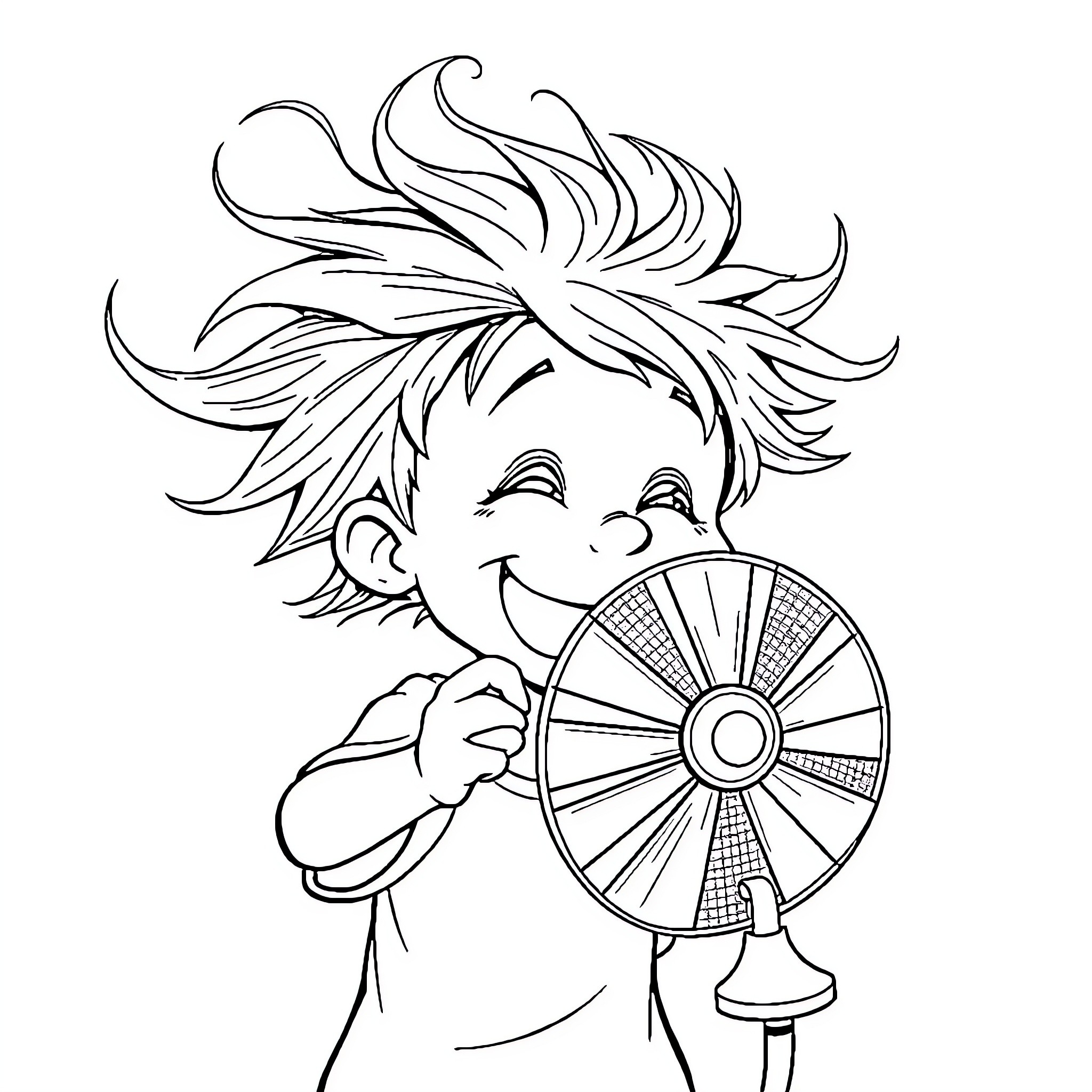 Kid happily playing with a spinning wheel Coloring Page (free black-and-white line drawing printable PDF for all, from beginners to advanced learners, including children, teens, adults, and seniors)