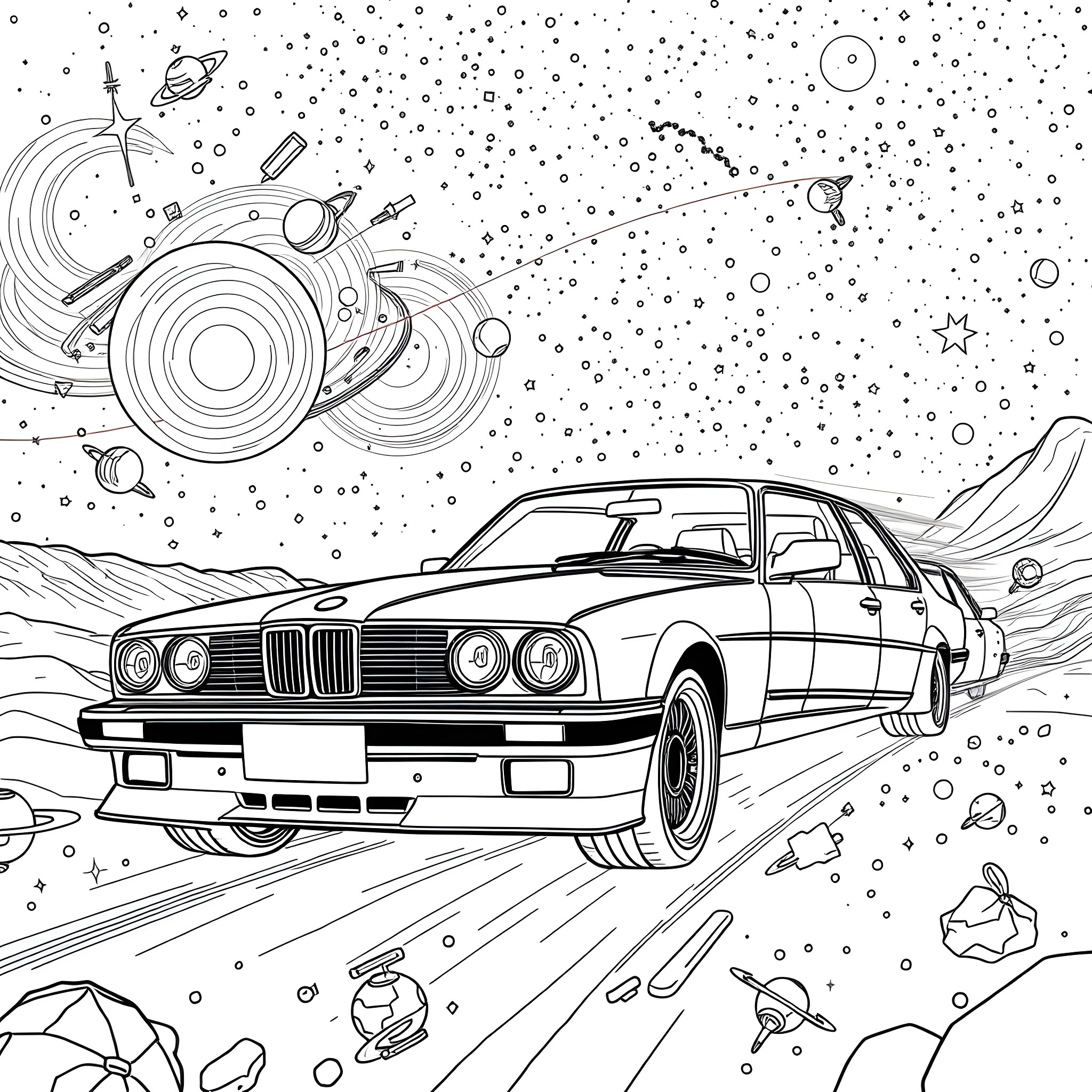 Car speeding through cosmic landscape Coloring Page (free black-and-white line drawing printable PDF for all, from beginners to advanced learners, including children, teens, adults, and seniors)