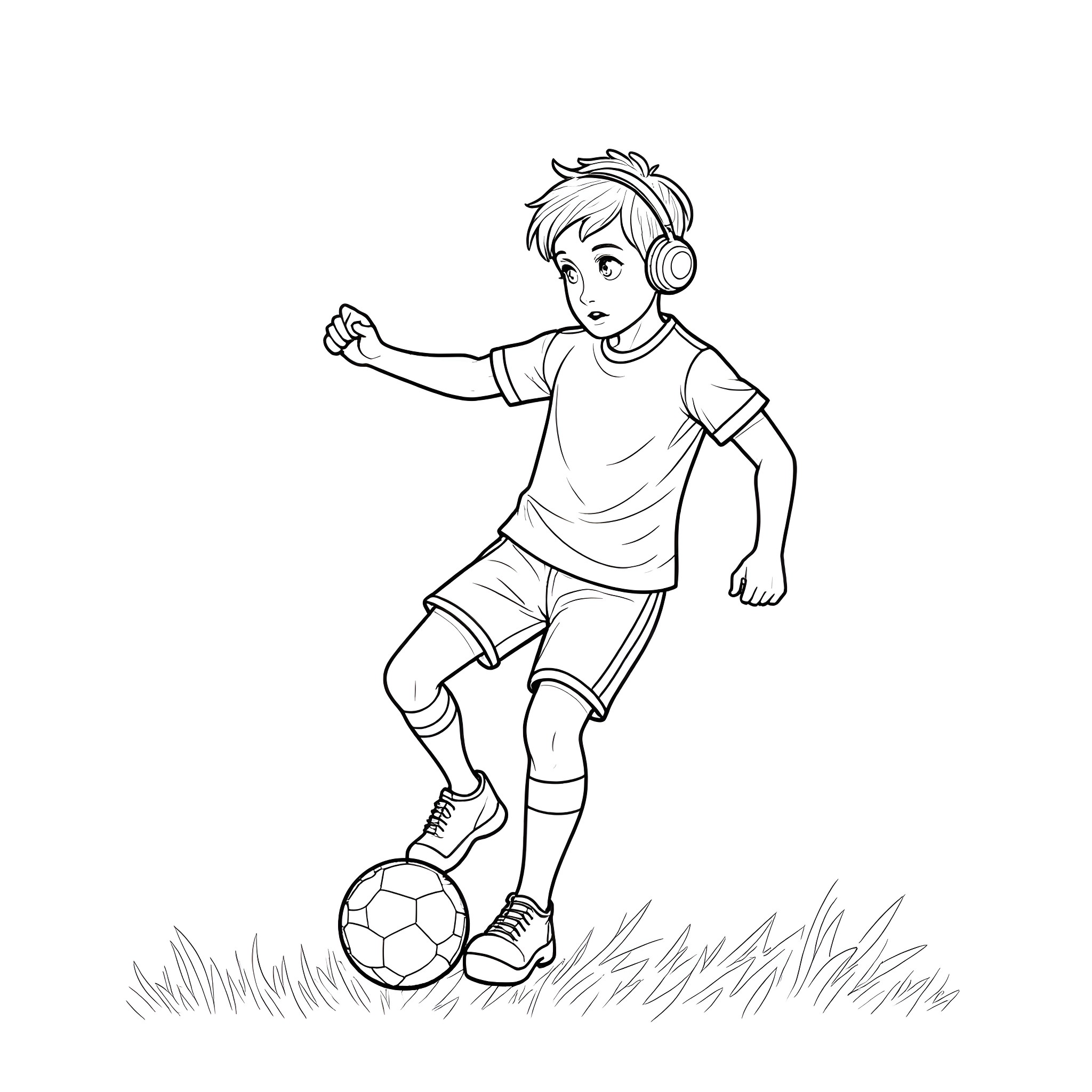 Boy playing with soccer ball on the field Coloring Page (free black-and-white line drawing printable PDF for all, from beginners to advanced learners, including children, teens, adults, and seniors)