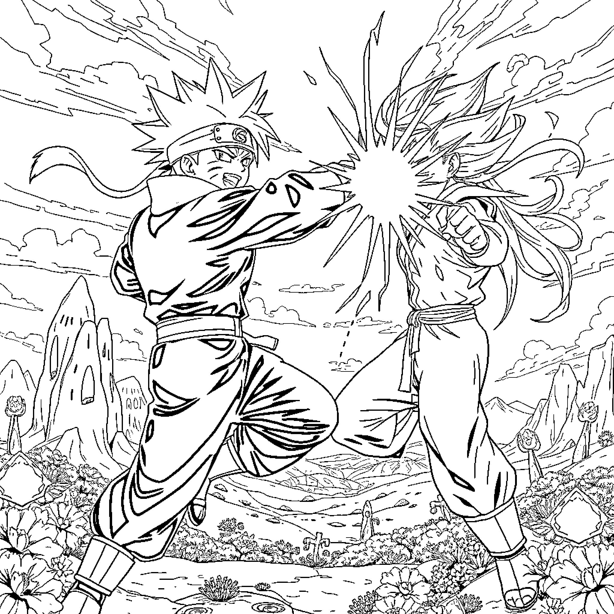 Naruto and Sasuke Clash in Epic Battle Coloring Page (free black-and-white line drawing printable PDF for all, from beginners to advanced learners, including children, teens, adults, and seniors)