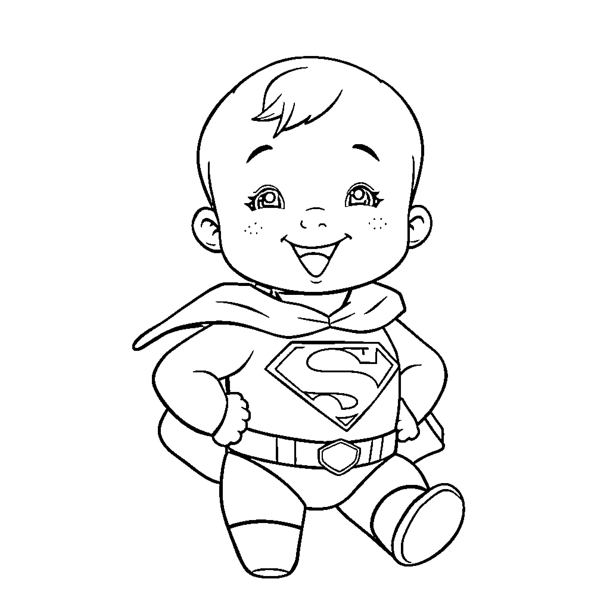 Superman Chibi Enjoying the Day Coloring Page (free black-and-white line drawing printable PDF for all, from beginners to advanced learners, including children, teens, adults, and seniors)