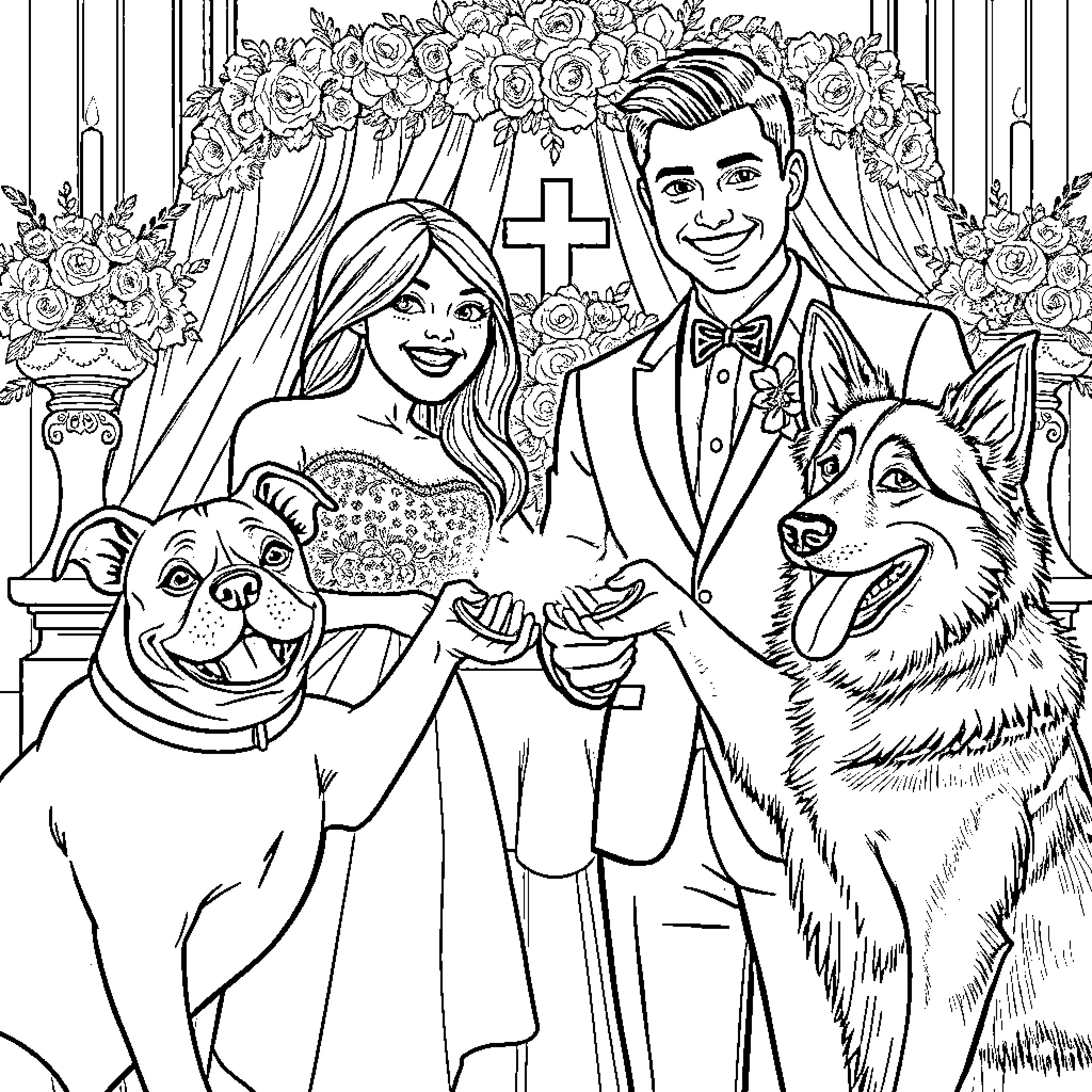 Dog Wedding Ceremony with Bride, Groom, and Canine Companions Coloring Page (free black-and-white line drawing printable PDF for all, from beginners to advanced learners, including children, teens, adults, and seniors)