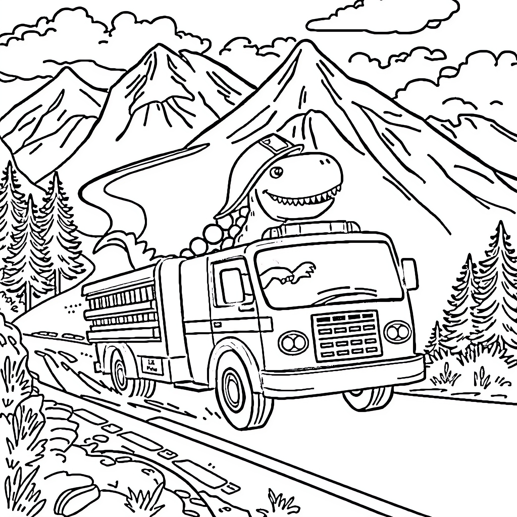 Dinosaur driving a fire truck in the mountains Coloring Page (free black-and-white line drawing printable PDF for all, from beginners to advanced learners, including children, teens, adults, and seniors)