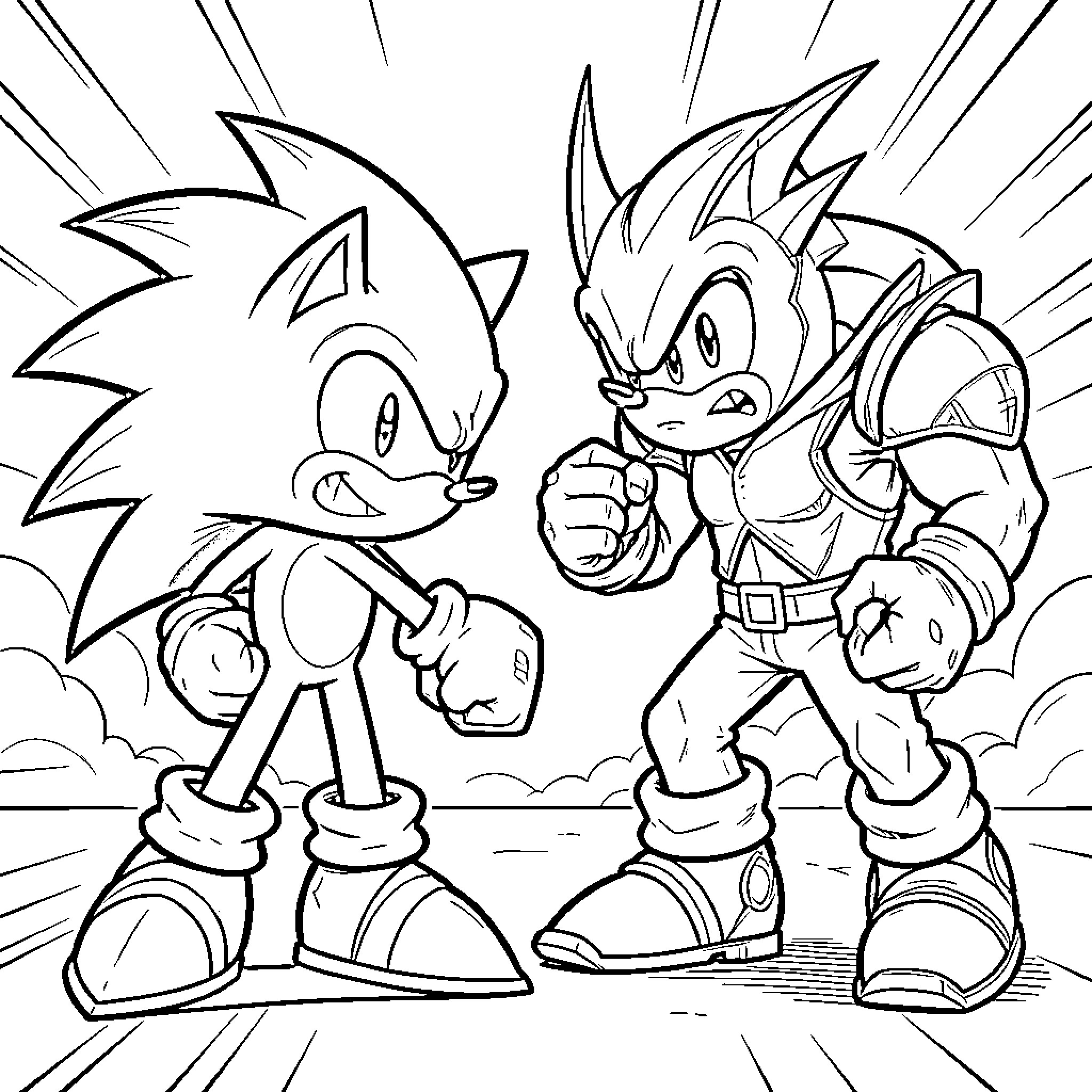 Sonic facing off against a powerful opponent in battle Coloring Page (free black-and-white line drawing printable PDF for all, from beginners to advanced learners, including children, teens, adults, and seniors)