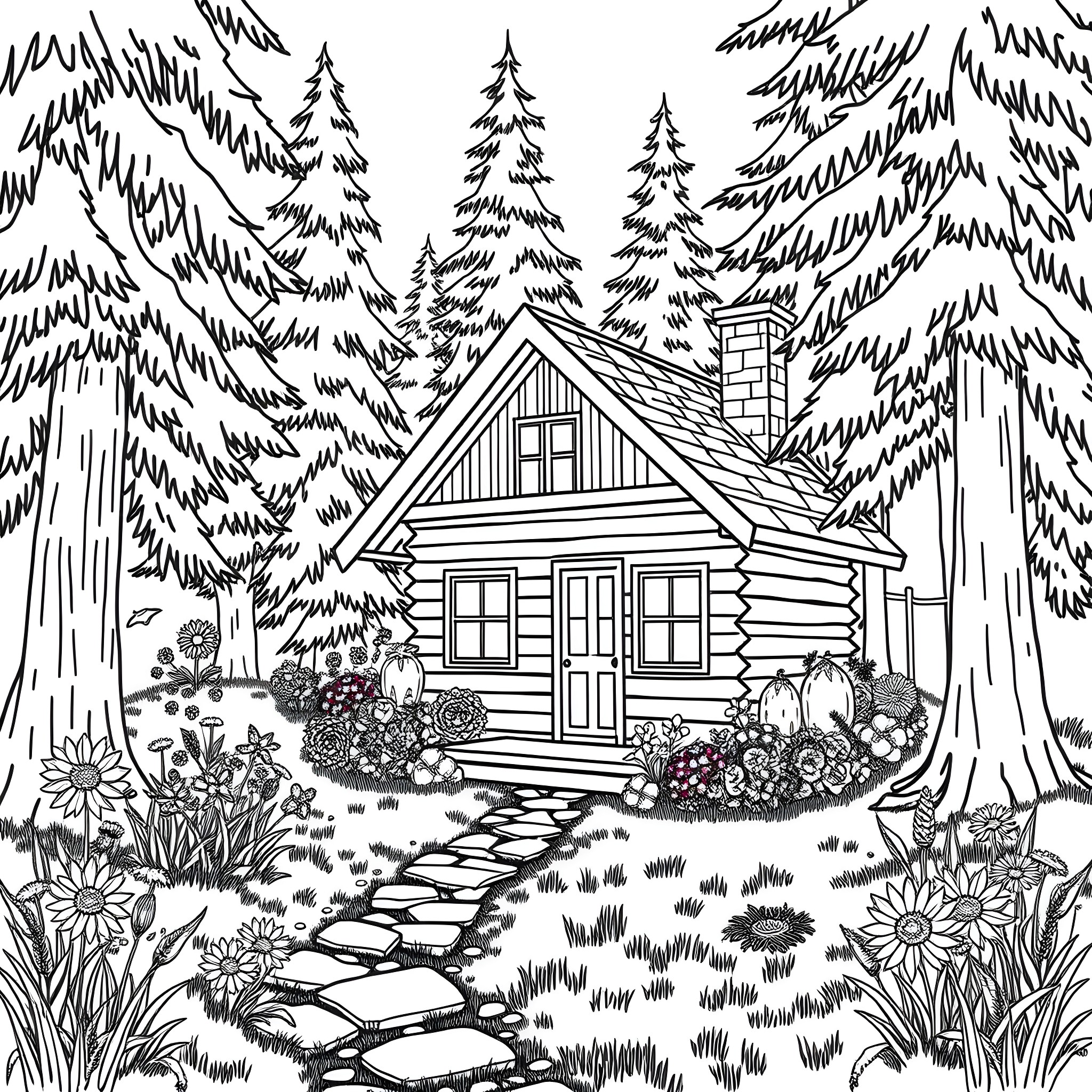 Cabin in the Forested Wilderness Coloring Page (free black-and-white line drawing printable PDF for all, from beginners to advanced learners, including children, teens, adults, and seniors)