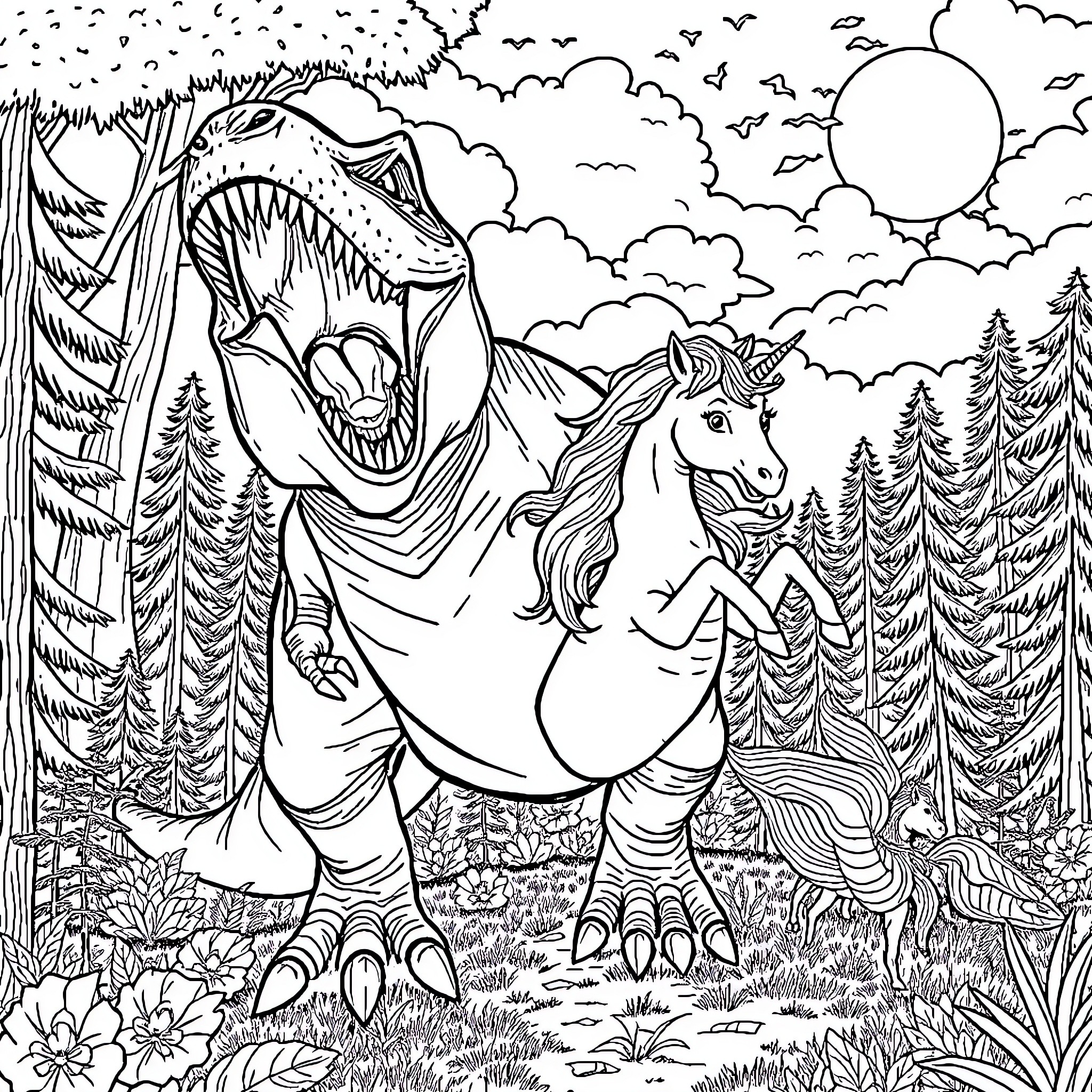T-Rex Encounters Magical Unicorn in Mystical Forest Coloring Page (free black-and-white line drawing printable PDF for all, from beginners to advanced learners, including children, teens, adults, and seniors)