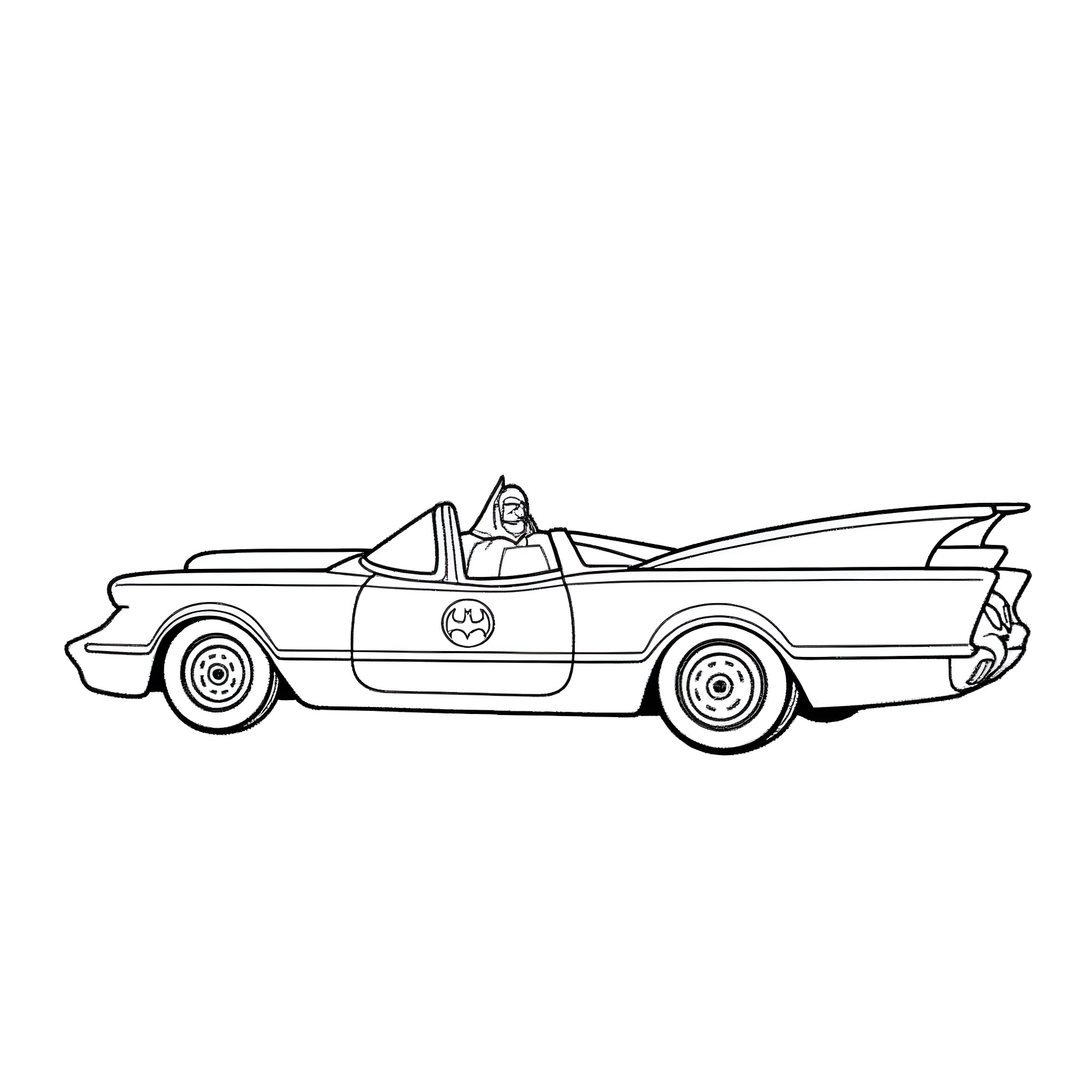 Batmobile driving down the city streets Coloring Page (free black-and-white line drawing printable PDF for all, from beginners to advanced learners, including children, teens, adults, and seniors)