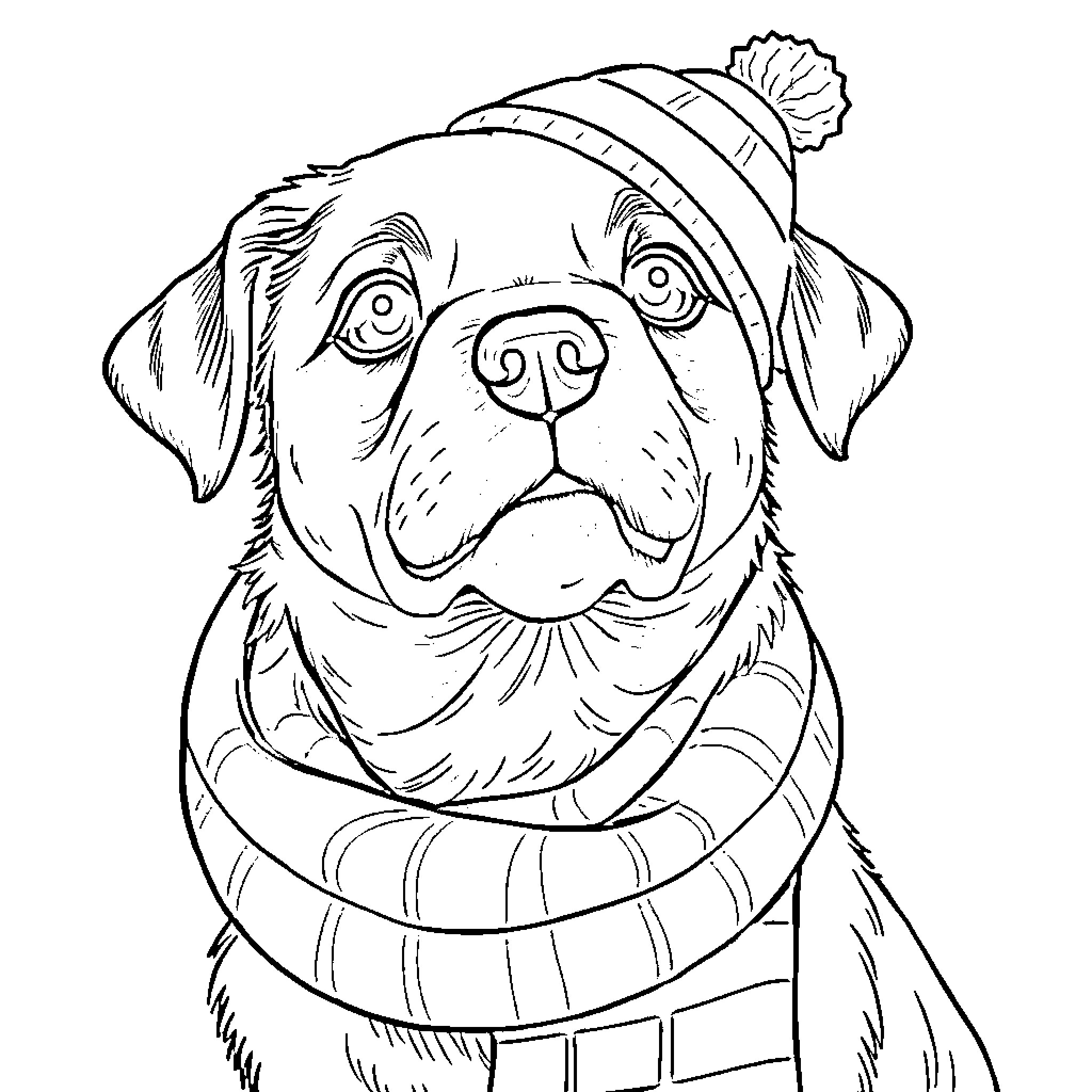 Dog wearing a warm winter hat and scarf Coloring Page (free black-and-white line drawing printable PDF for all, from beginners to advanced learners, including children, teens, adults, and seniors)