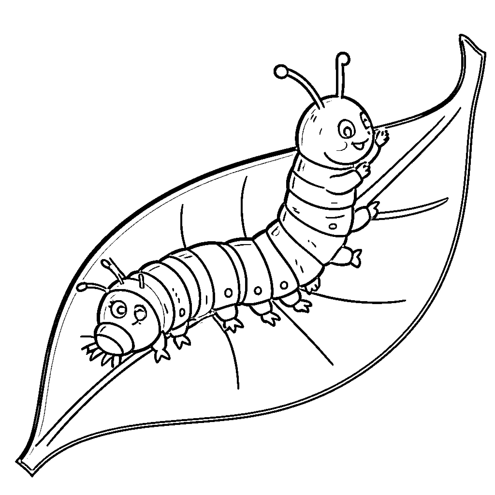 Caterpillar playing happily on a leaf Coloring Page (free black-and-white line drawing printable PDF for all, from beginners to advanced learners, including children, teens, adults, and seniors)