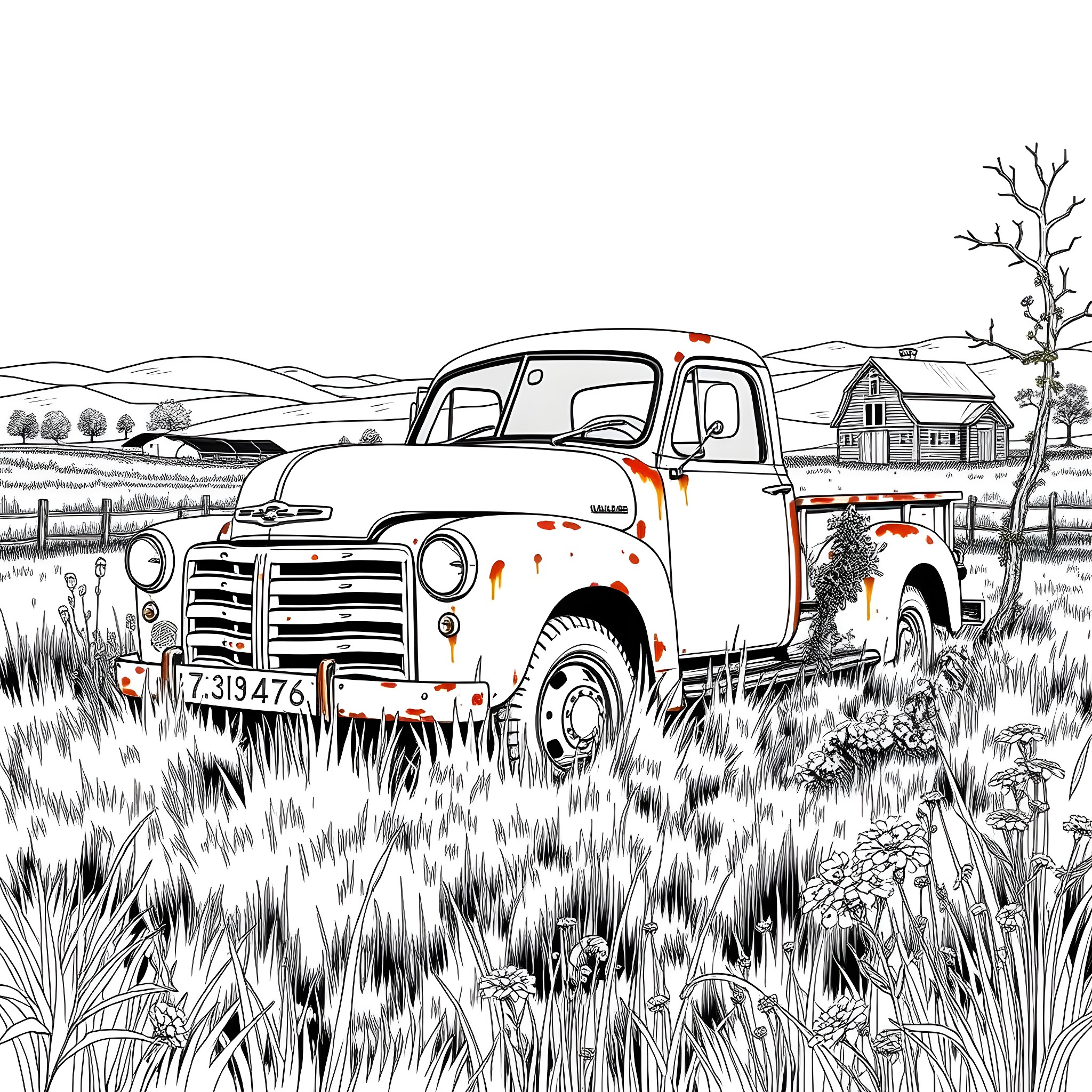 Truck parked in scenic rural landscape Coloring Page (free black-and-white line drawing printable PDF for all, from beginners to advanced learners, including children, teens, adults, and seniors)