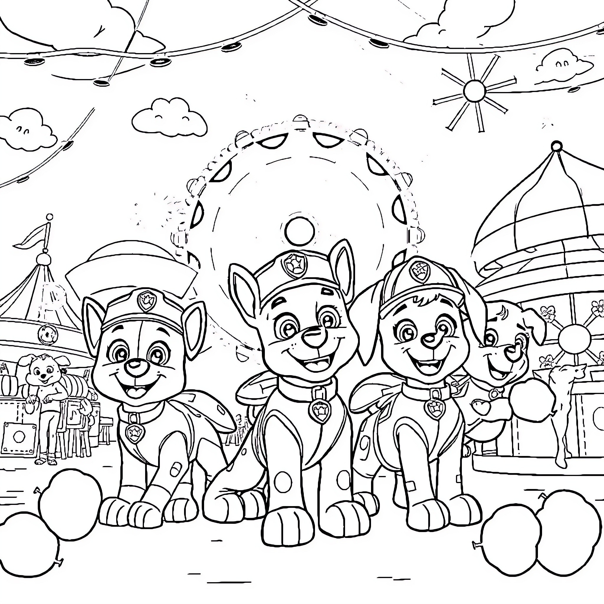 Paw Patrol Characters Enjoying Outdoor Adventure Coloring Page (free black-and-white line drawing printable PDF for all, from beginners to advanced learners, including children, teens, adults, and seniors)