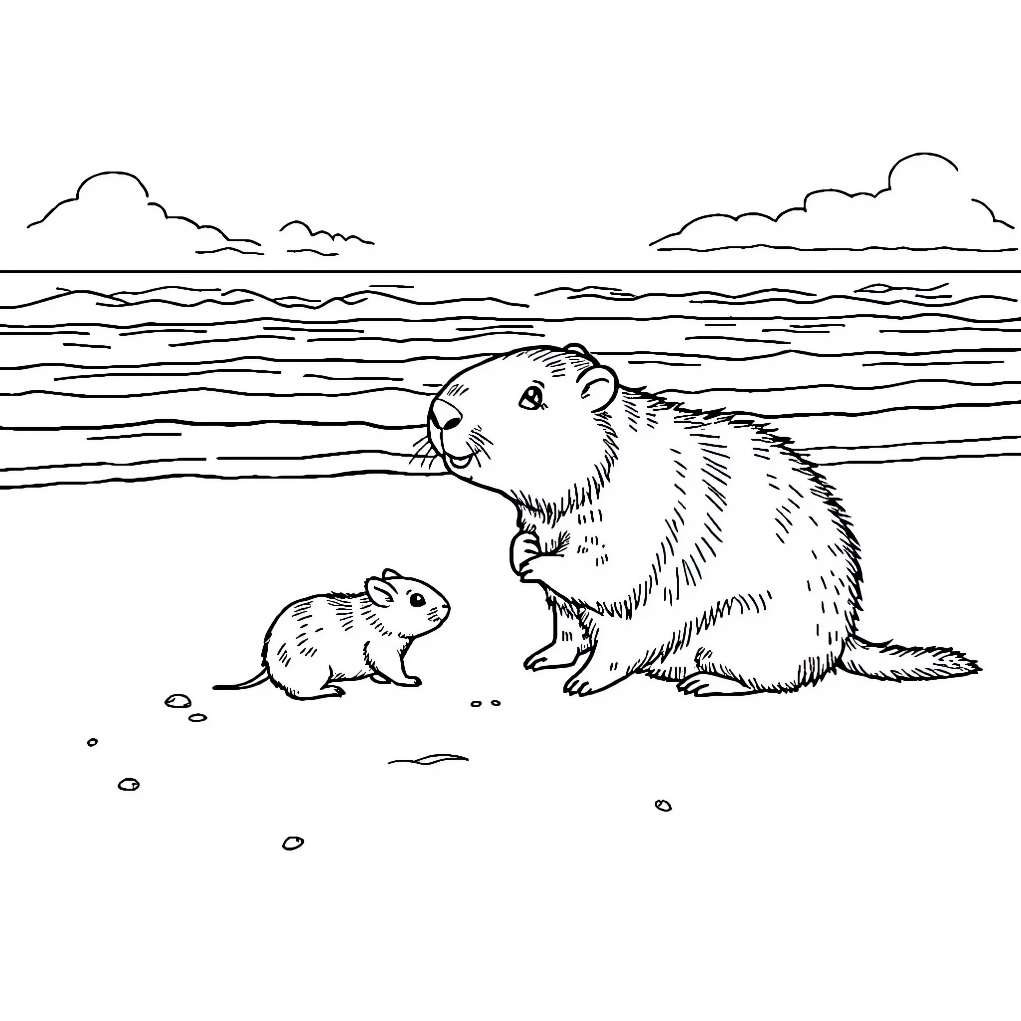 Hamsters exploring the beach landscape Coloring Page (free black-and-white line drawing printable PDF for all, from beginners to advanced learners, including children, teens, adults, and seniors)