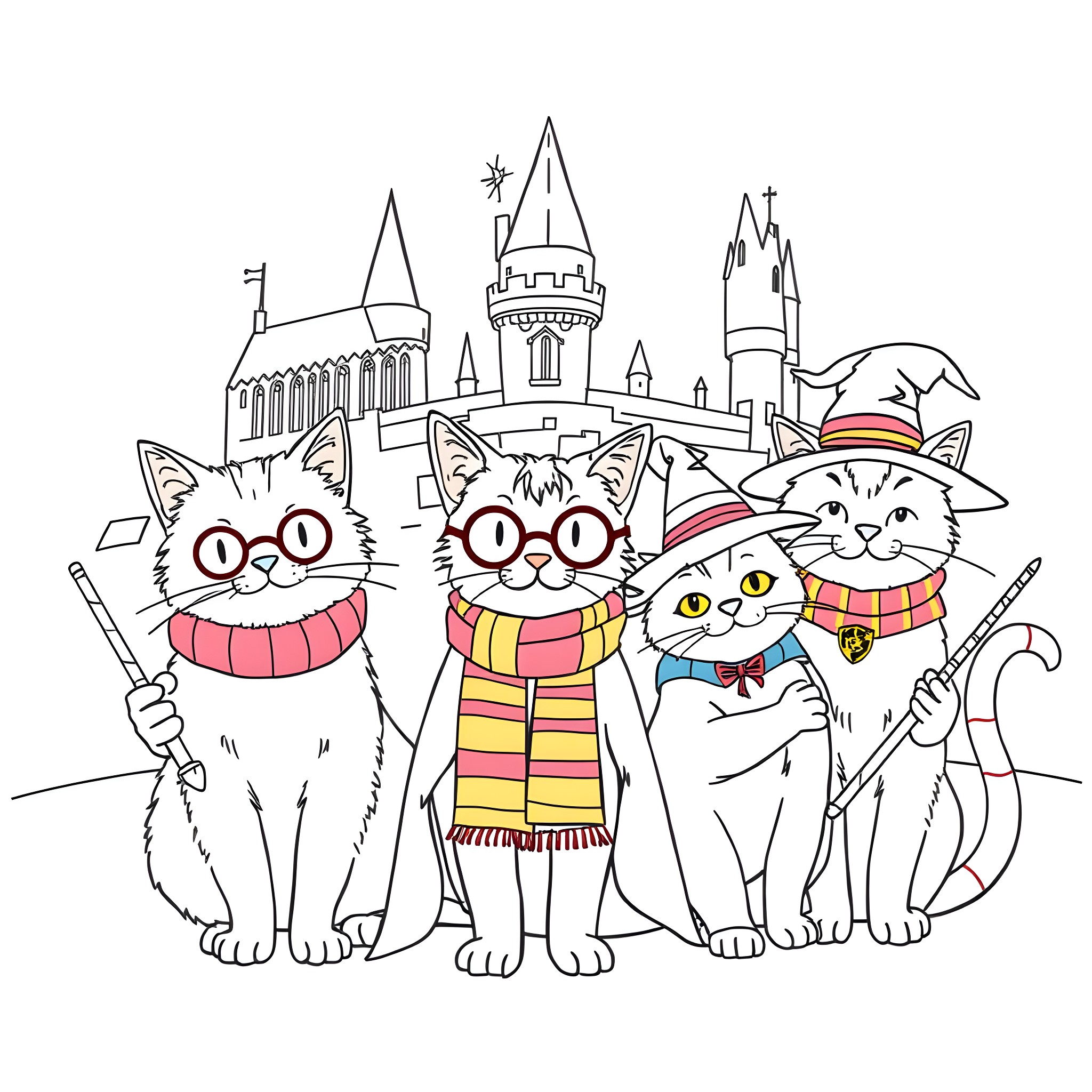 Cats in Wizard Hats Enjoying a Castle View Coloring Page (free black-and-white line drawing printable PDF for all, from beginners to advanced learners, including children, teens, adults, and seniors)