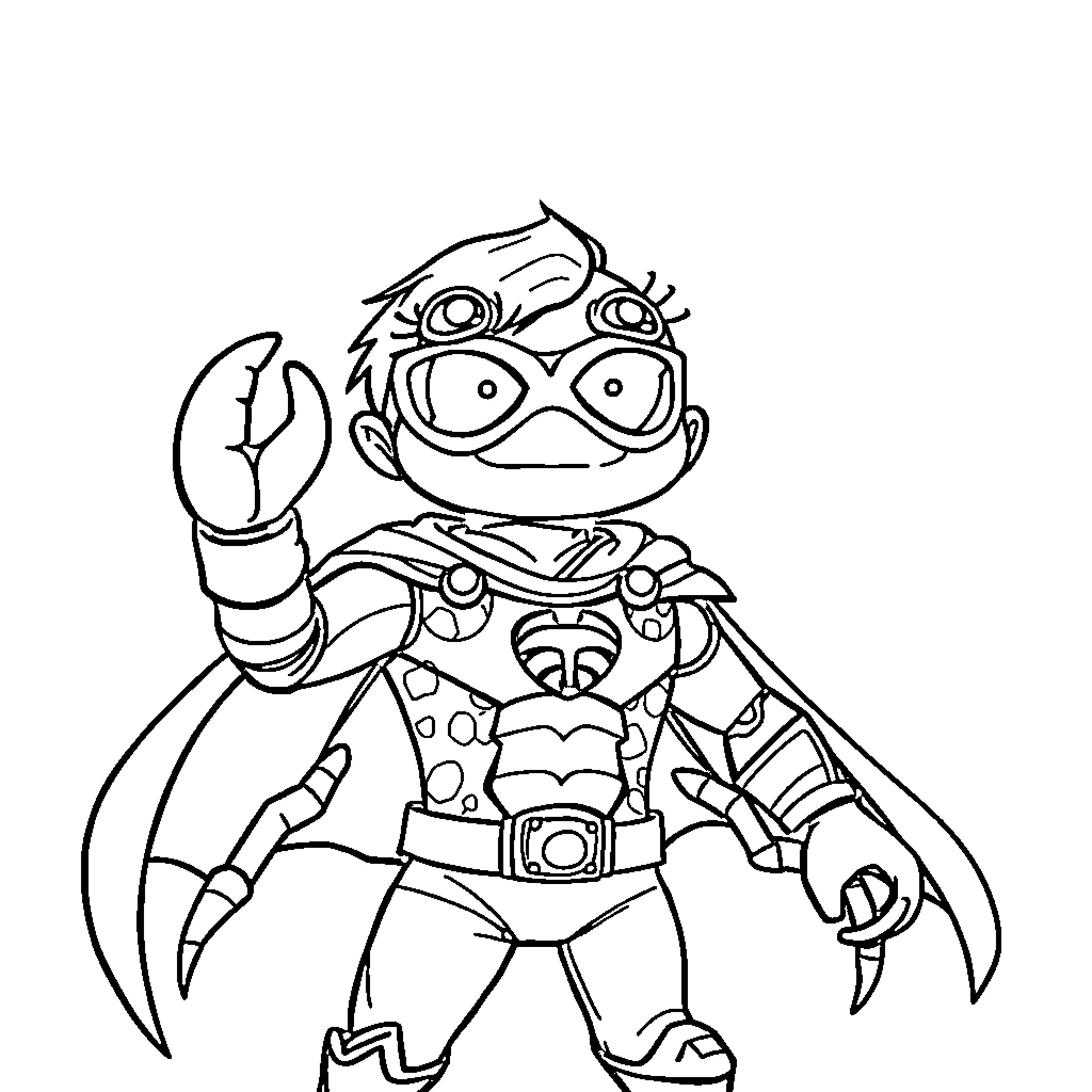 Crab superhero in action pose Coloring Page (free black-and-white line drawing printable PDF for all, from beginners to advanced learners, including children, teens, adults, and seniors)